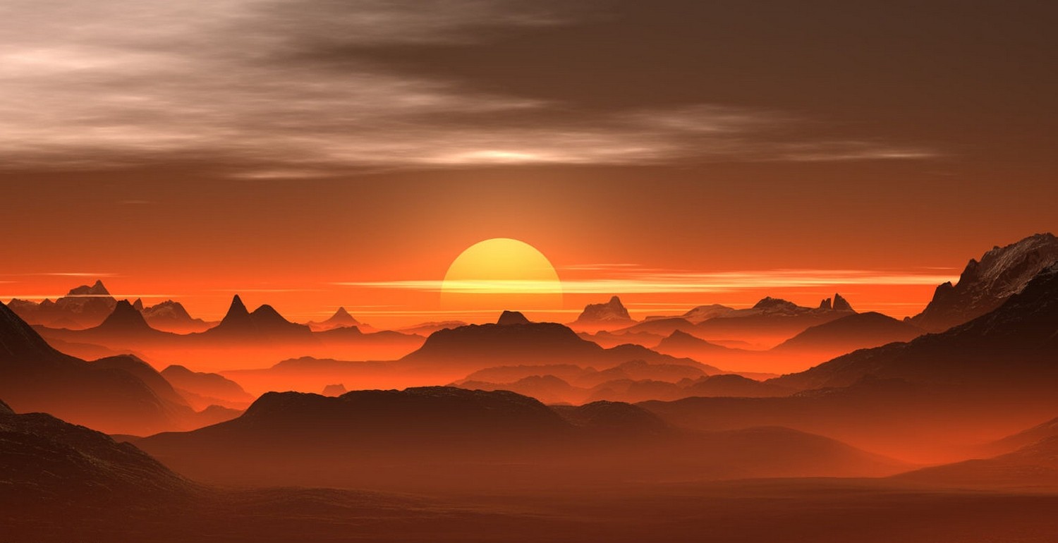 Sunset over misty desert mountains HD Wallpaper