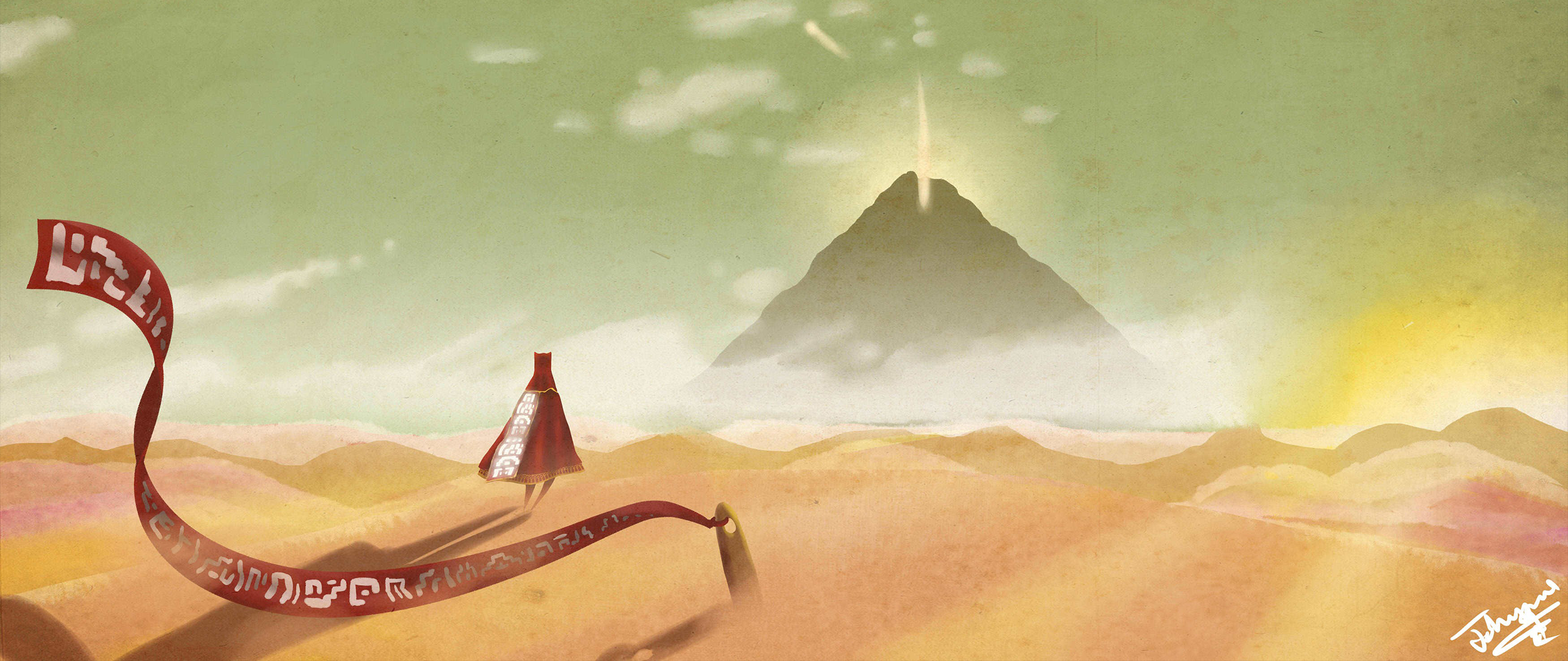 Journey game character walking towards a mountain HD Wallpaper