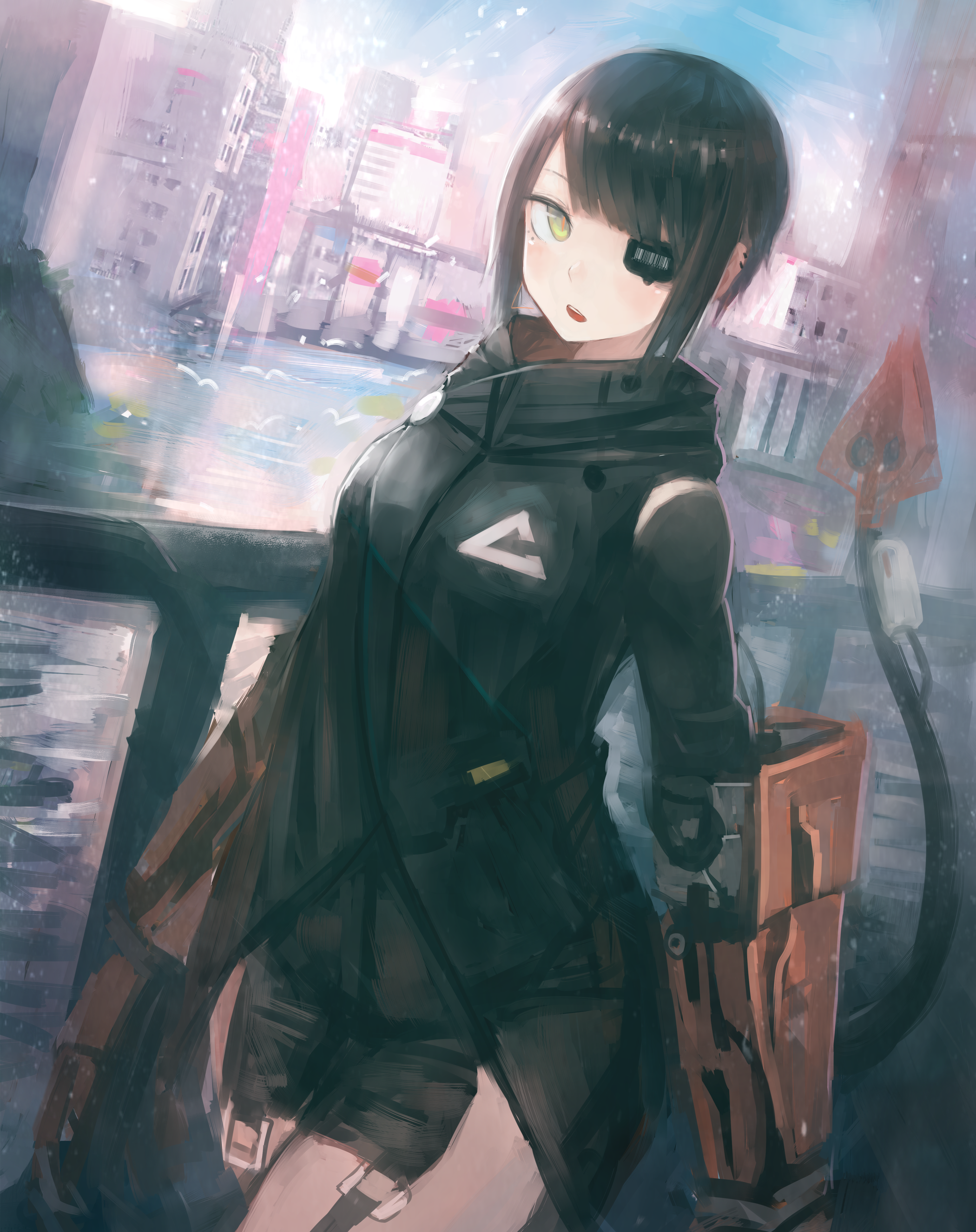 Anime girl with short black hair and cybernetic eye patch HD Wallpaper