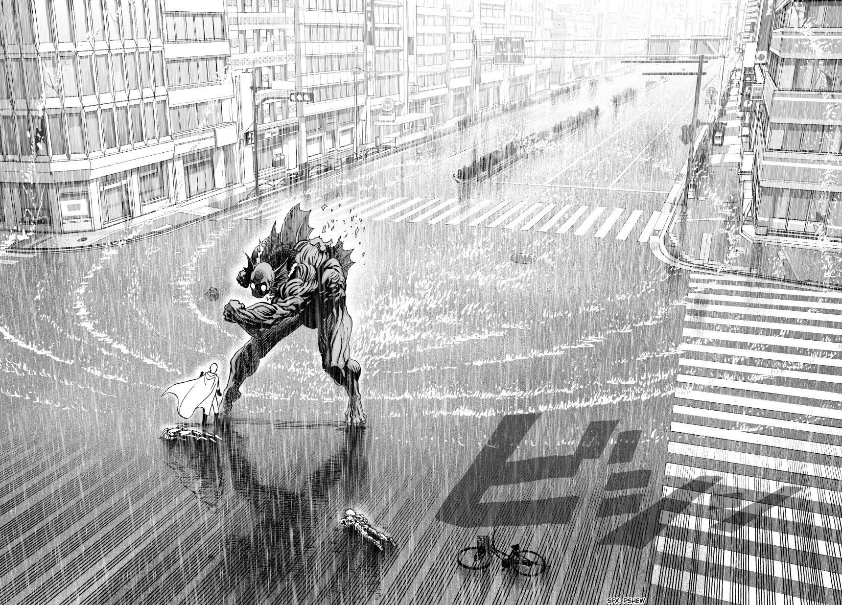 Saitama and Monster in a Rainy City Street HD Wallpaper
