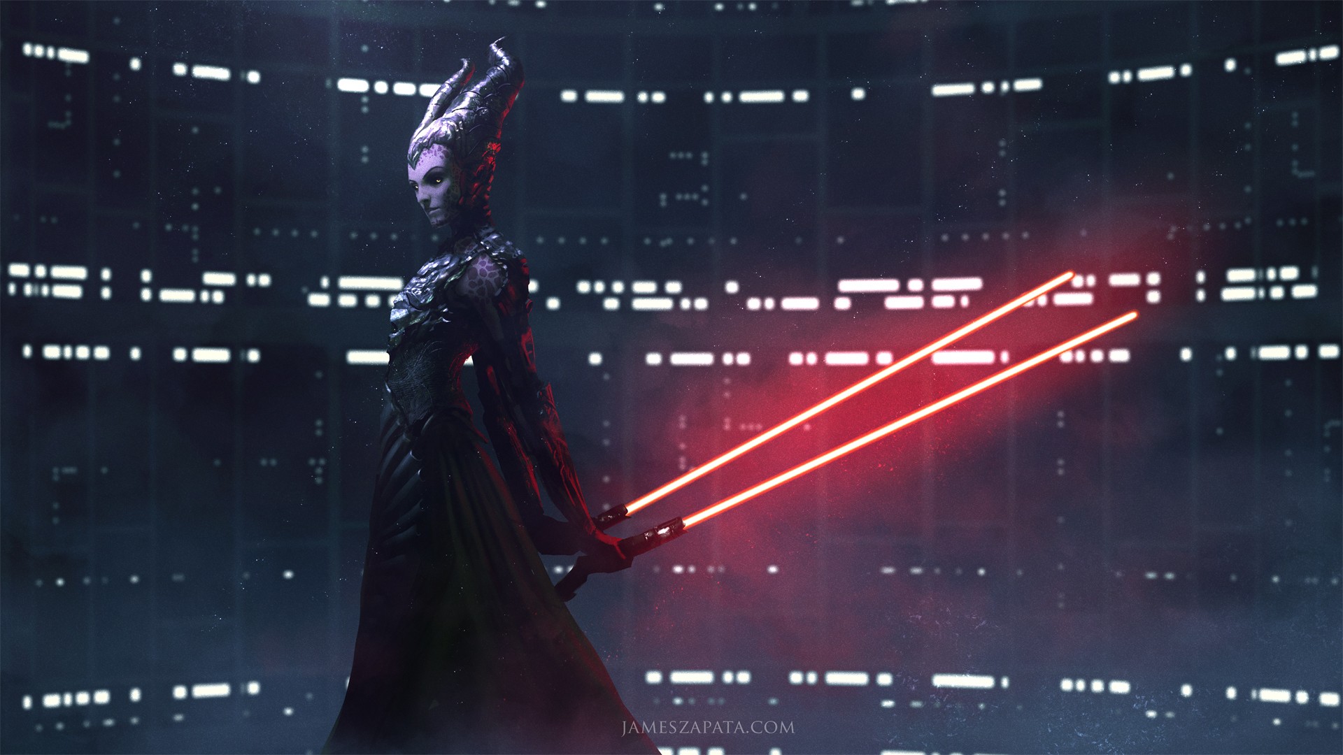 Dark Sorceress with Dual Lightsabers HD Wallpaper