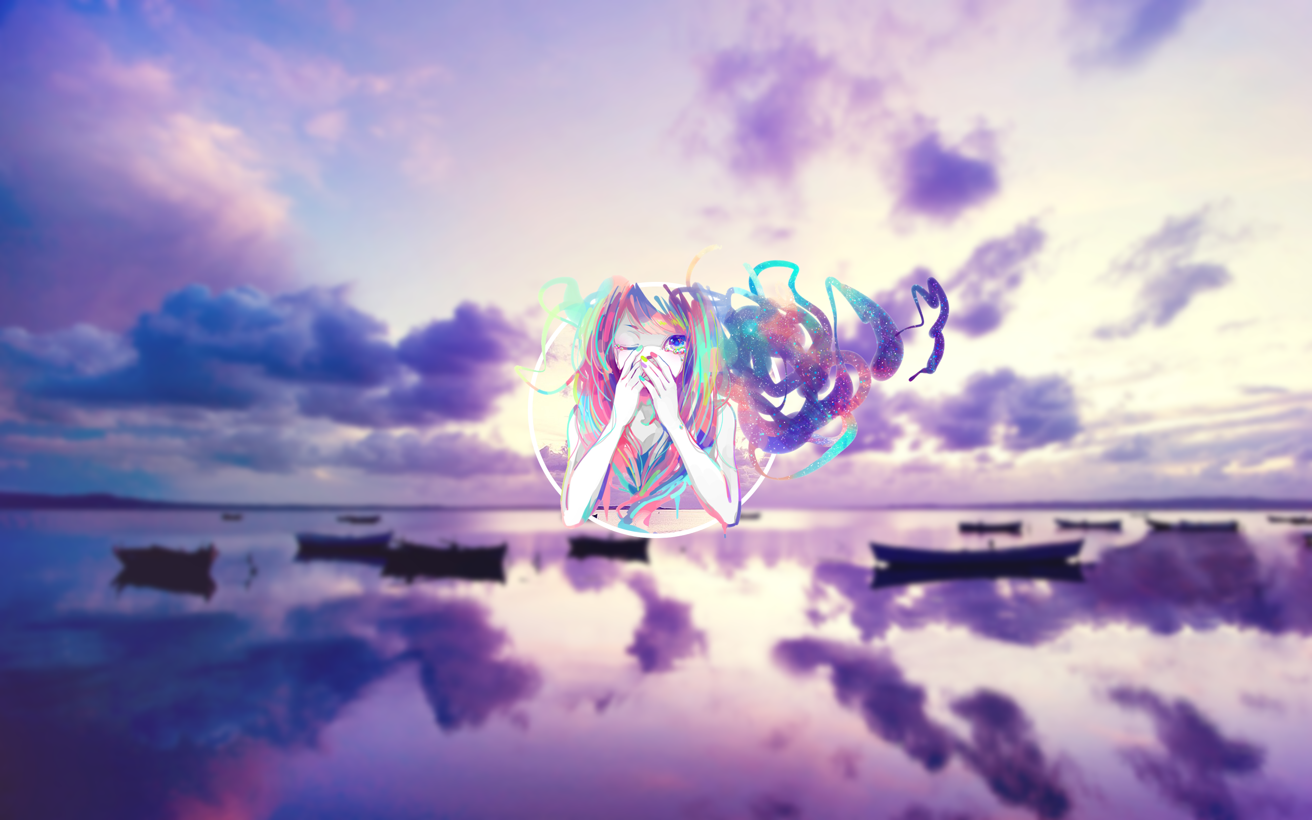 Anime girl with colorful hair in a serene landscape HD Wallpaper
