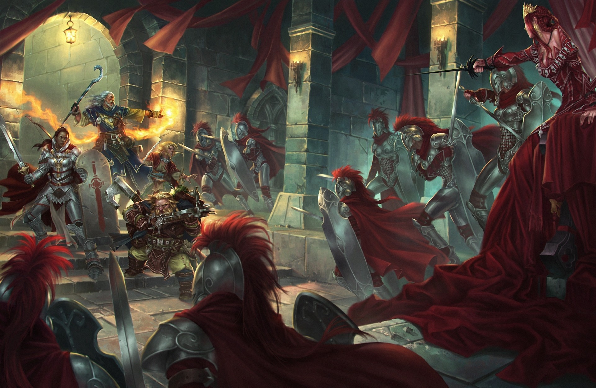 Fantasy battle scene with warriors and a mage HD Wallpaper