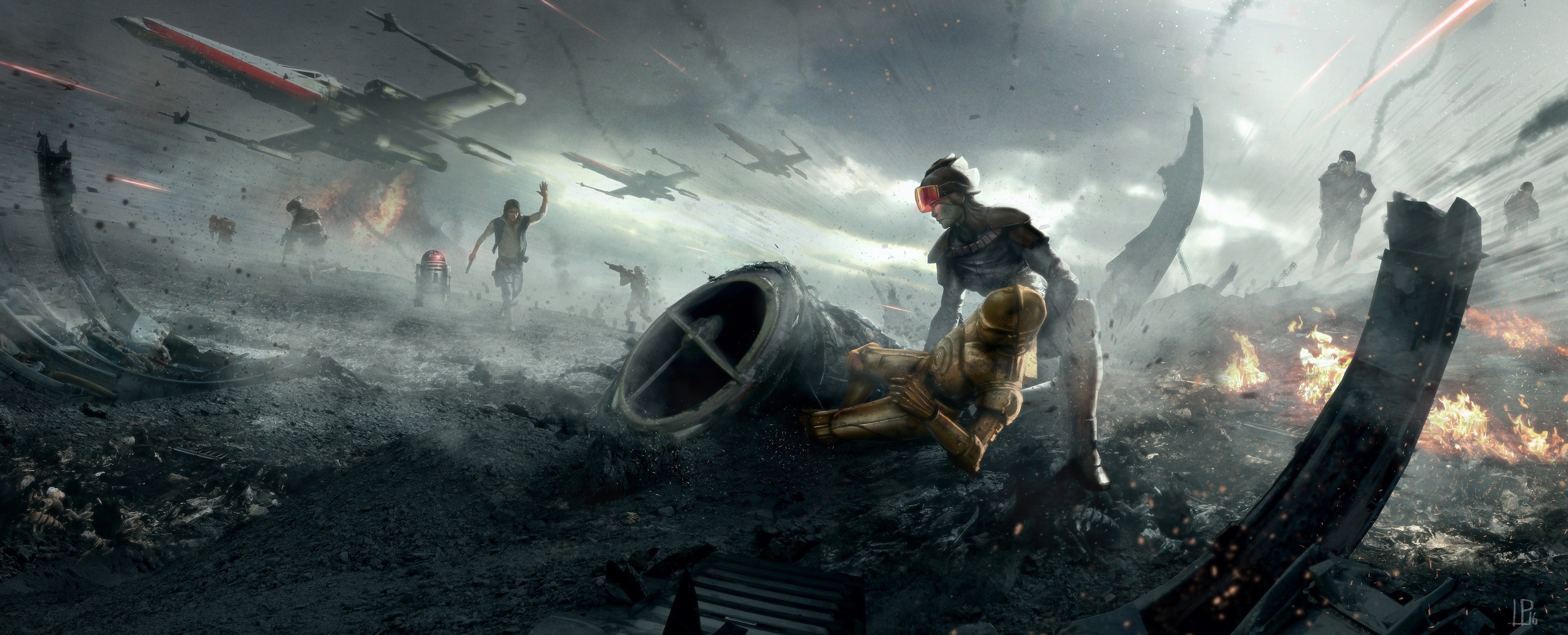 Star Wars Battle Scene with X-Wings and Droids HD Wallpaper
