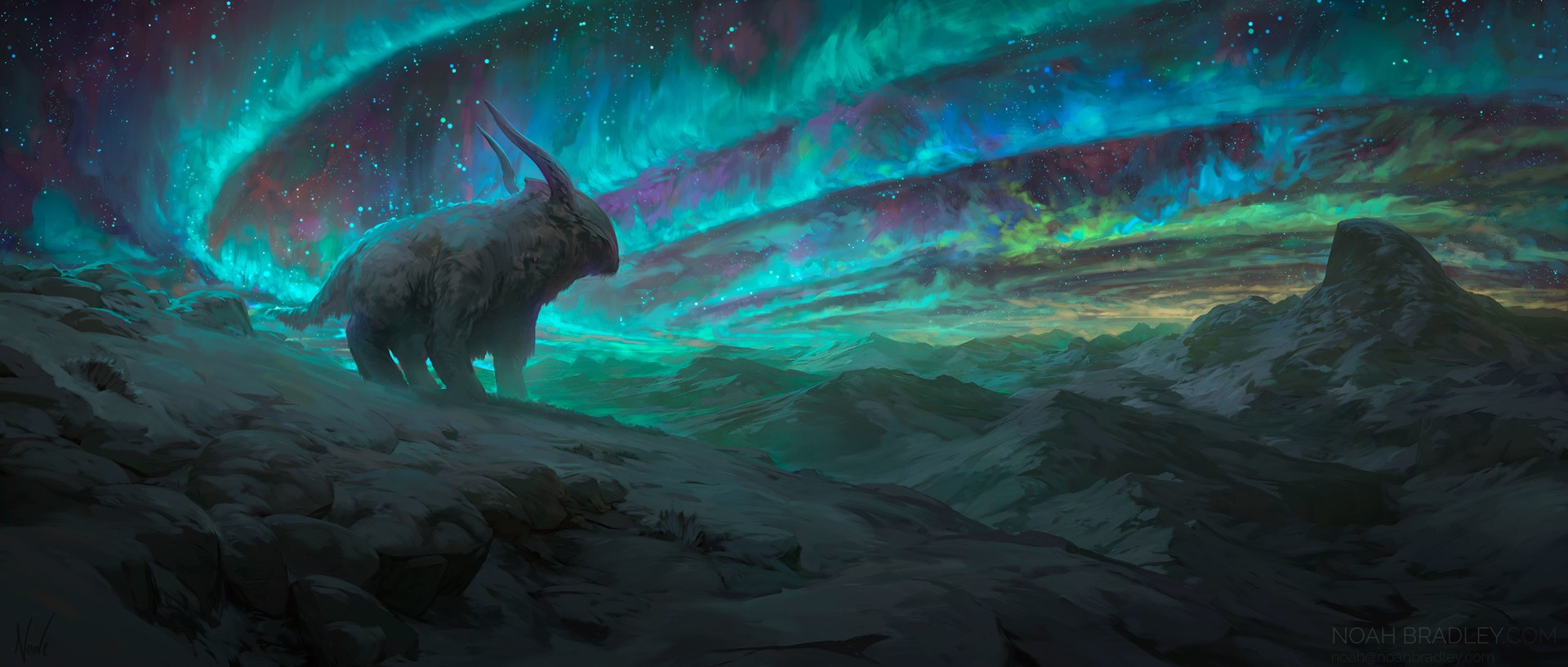 Creature under Aurora Borealis in snowy mountains HD Wallpaper