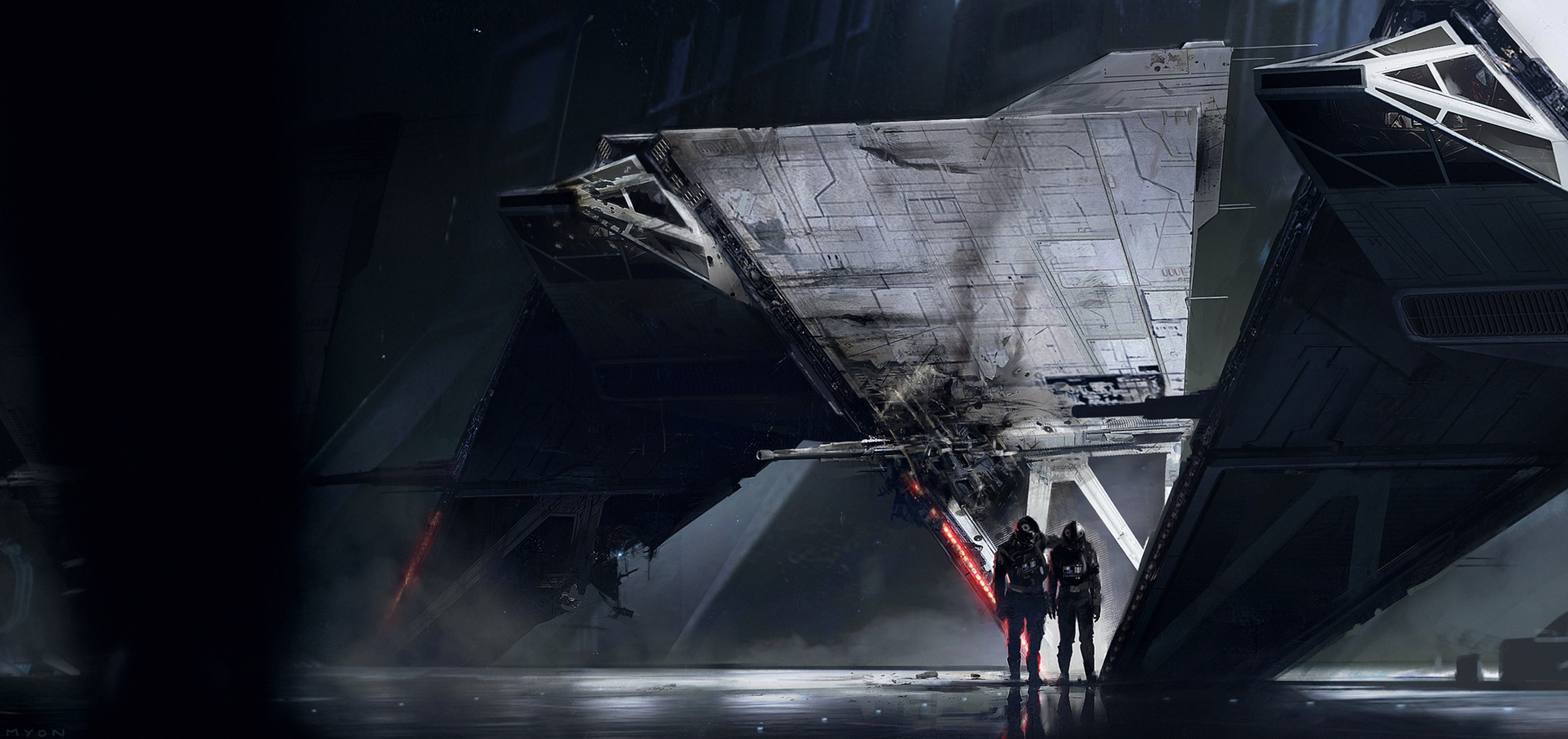 Star Wars artwork of two figures near a damaged spacecraft HD Wallpaper