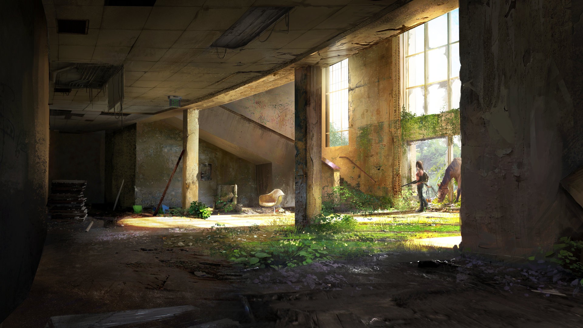 The Last of Us: Overgrown abandoned building with a survivor and horse HD Wallpaper