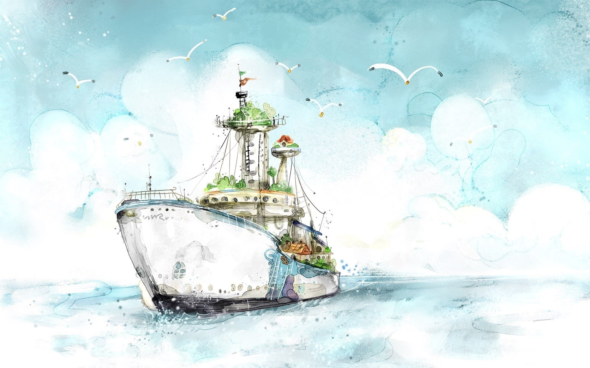 Watercolor painting of a fantasy ship sailing on the sea HD Wallpaper