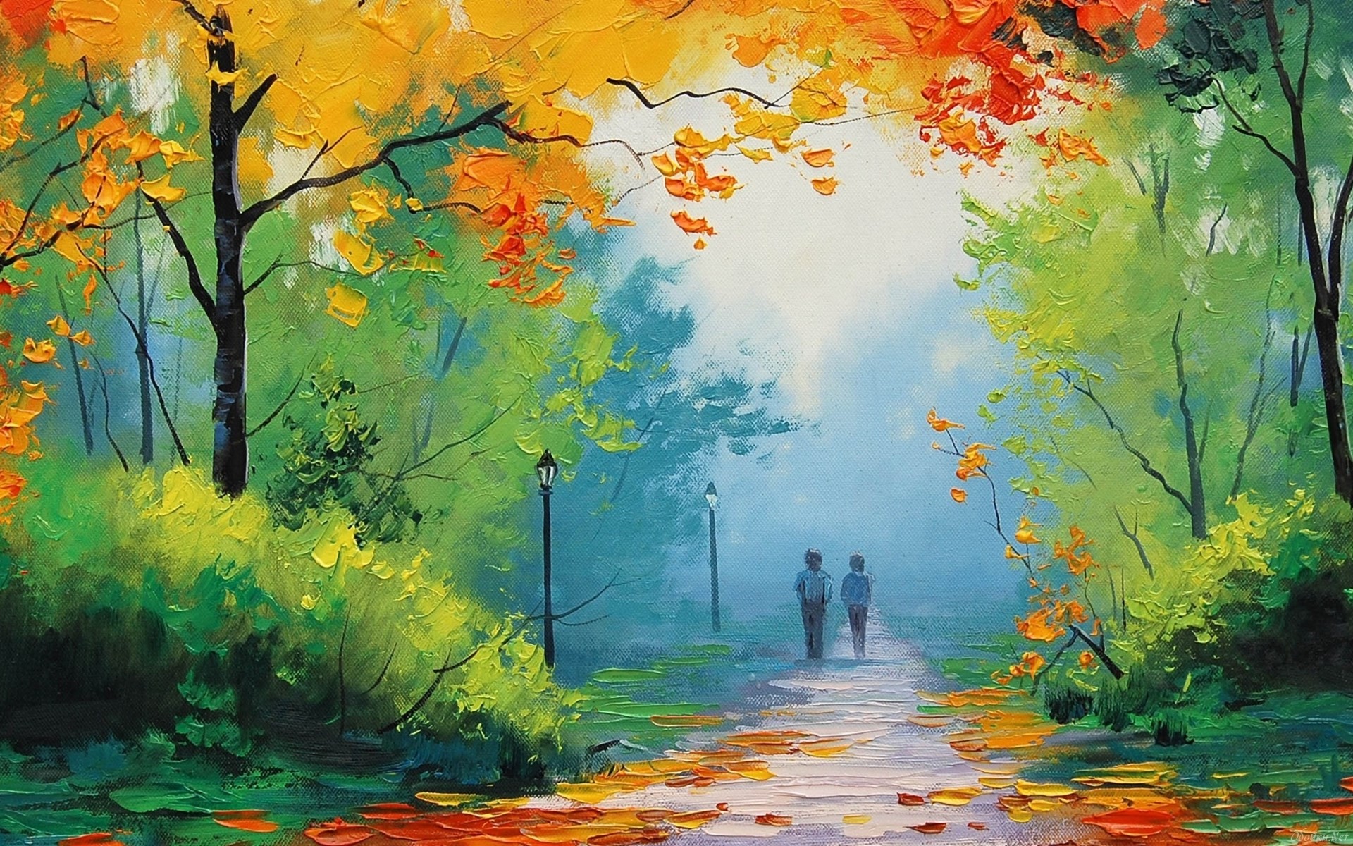 Painting of a park in the fall HD Wallpaper