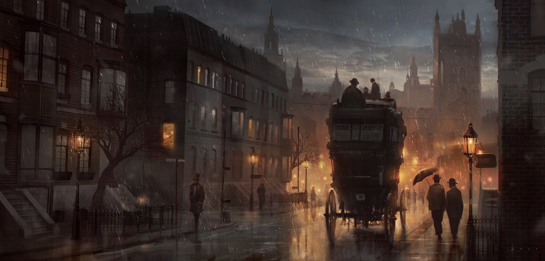Victorian London street scene in the rain HD Wallpaper
