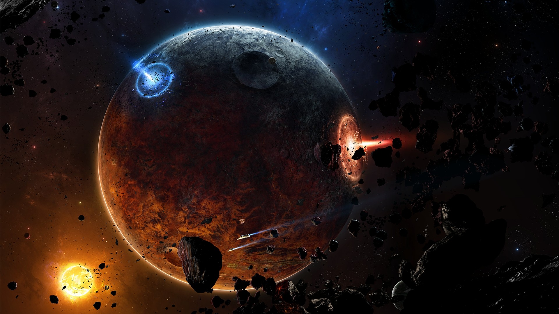 Space battle with planet destruction and asteroids HD Wallpaper