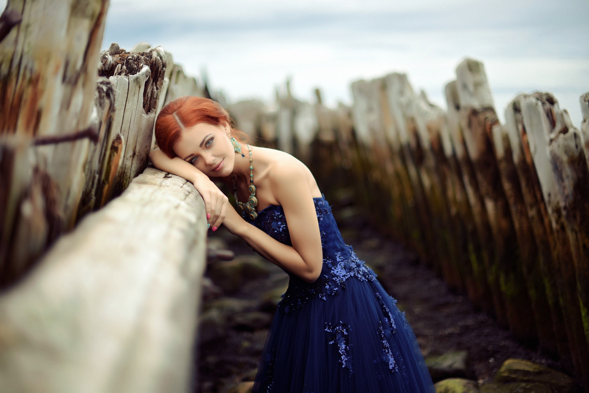 Aleksandra Korzhavina in a blue dress outdoors HD Wallpaper