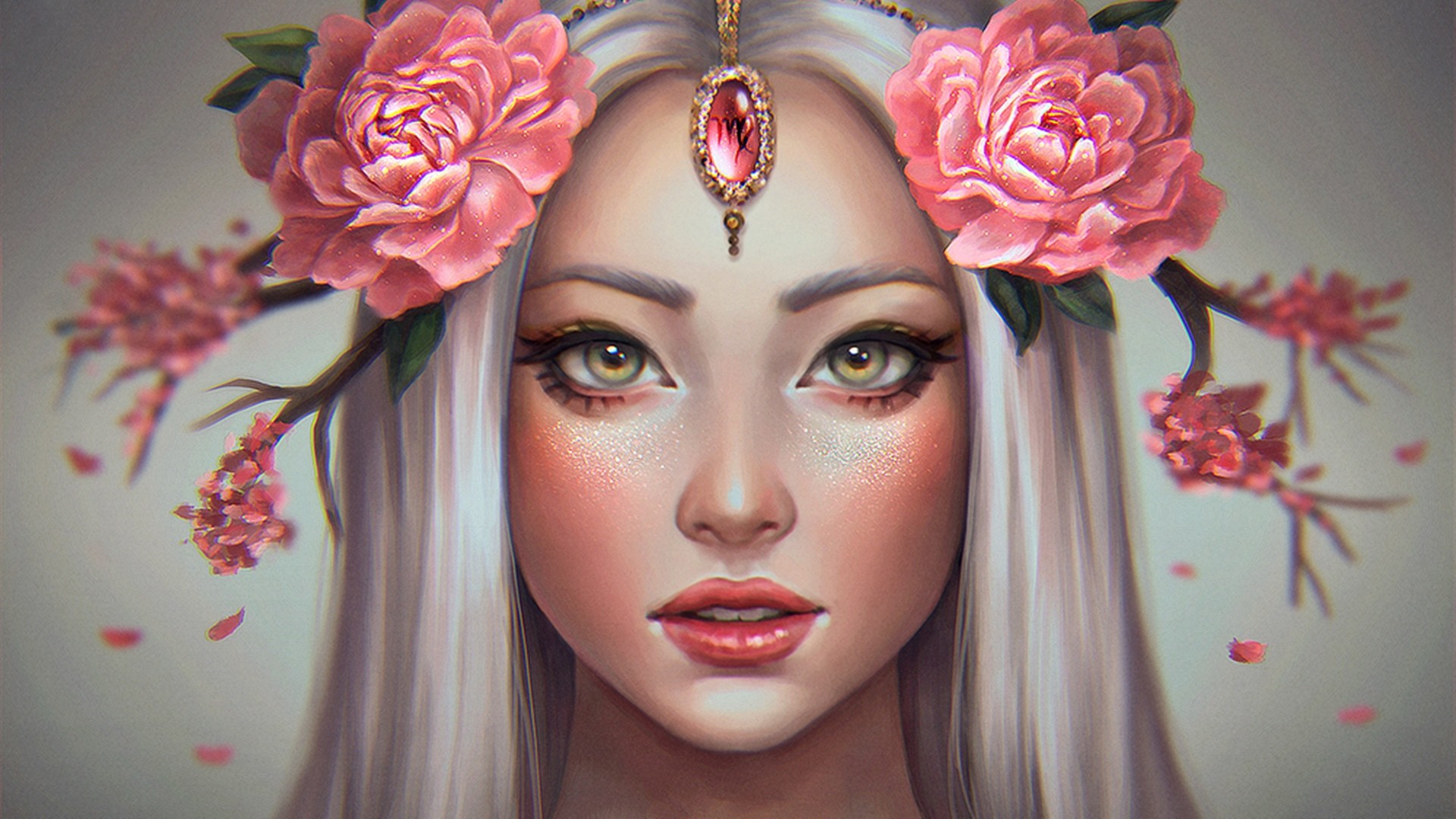 Fantasy girl with pink roses and zodiac pendant HD Wallpaper