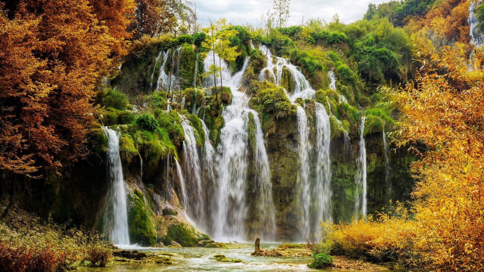 Waterfall cascading down a mossy cliff in autumn HD Wallpaper