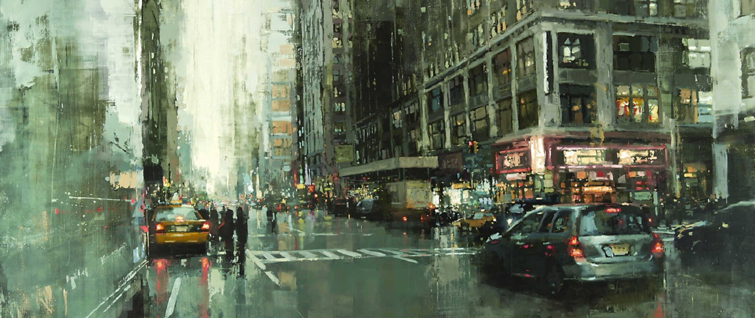 Cityscape painting of a street with cars and buildings HD Wallpaper