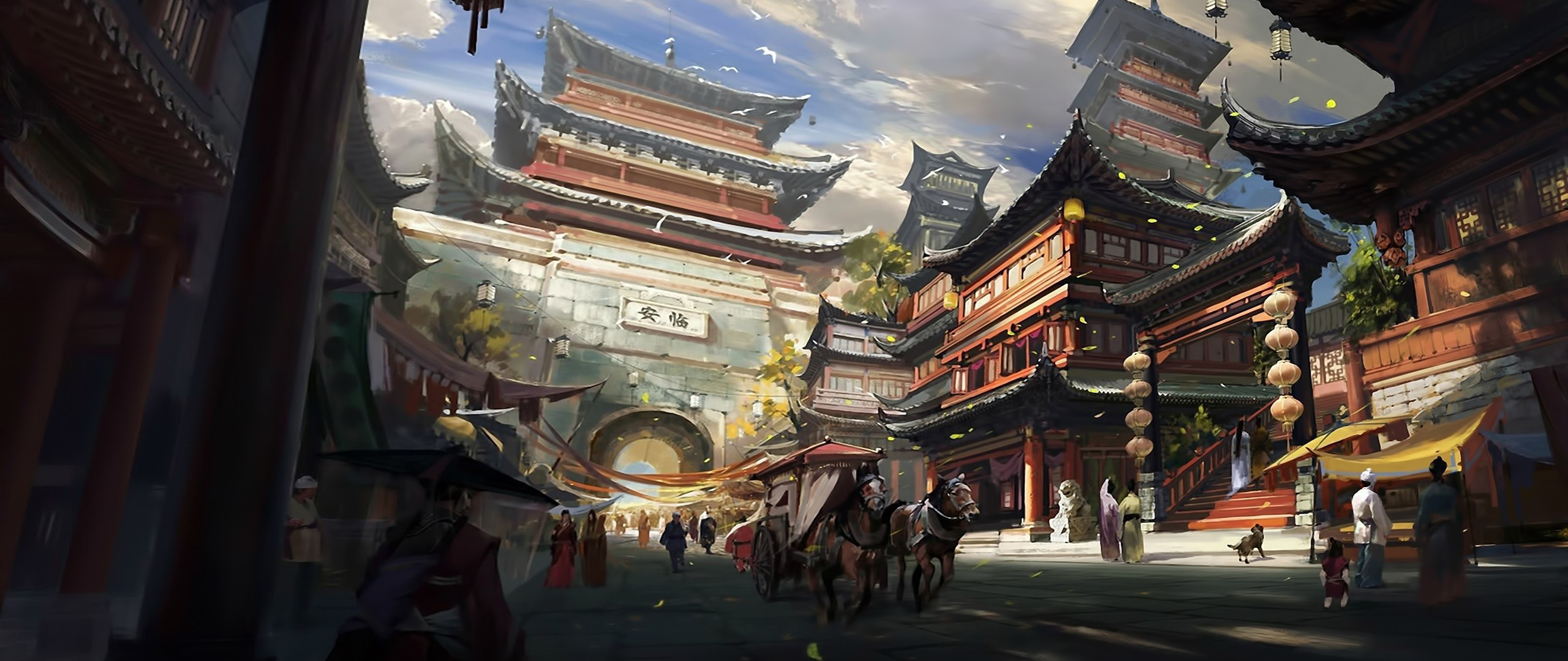 Fantasy city street with traditional architecture and a horse-drawn carriage HD Wallpaper