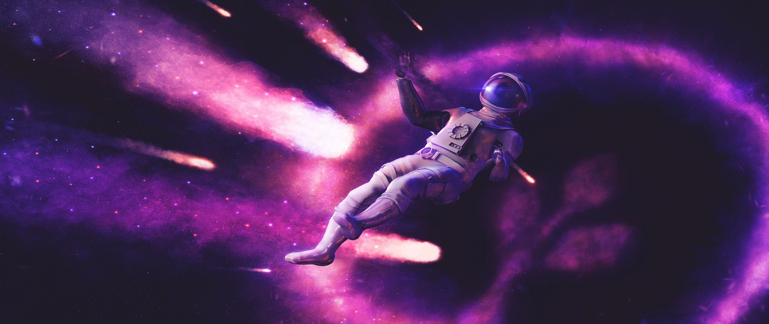 Astronaut floating amidst comets and nebulae HD Wallpaper
