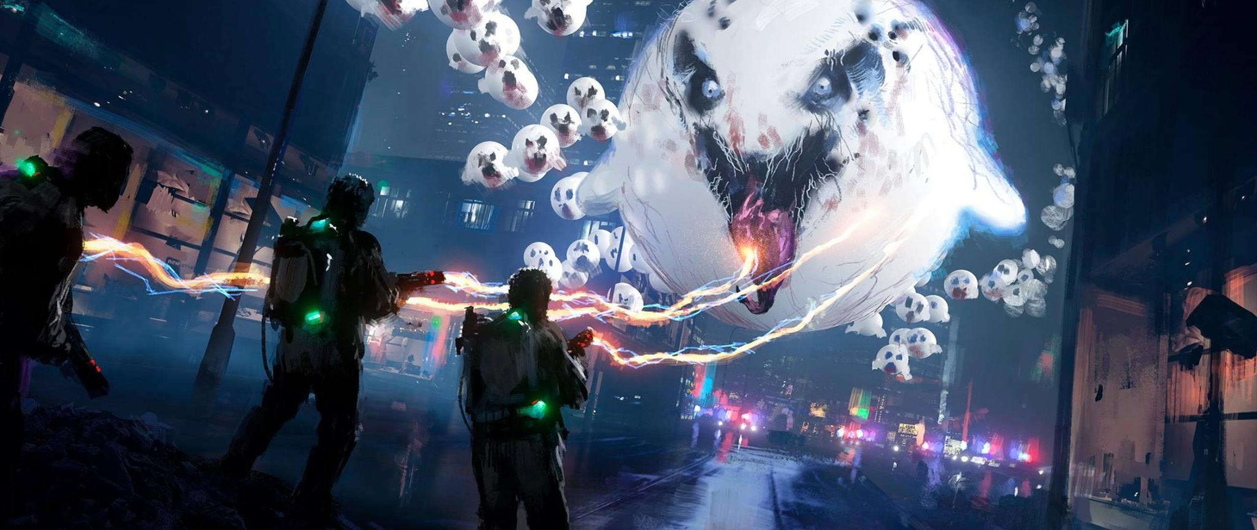 Ghostbusters fight a giant ghost and Boos in a city HD Wallpaper