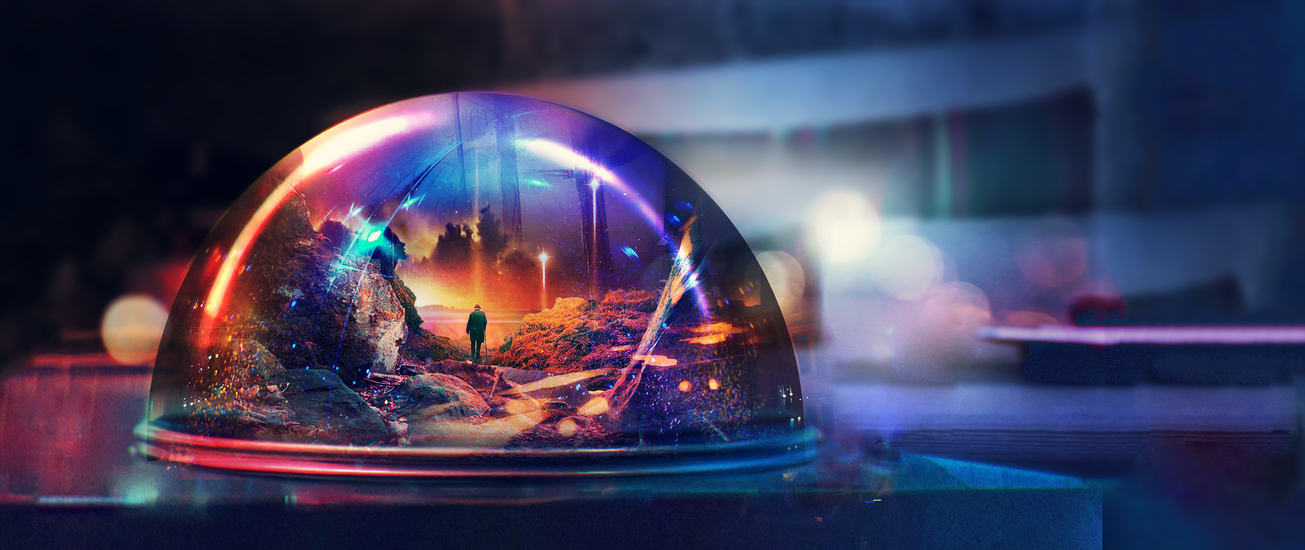 A person stands inside a snow globe with a digital landscape. HD Wallpaper