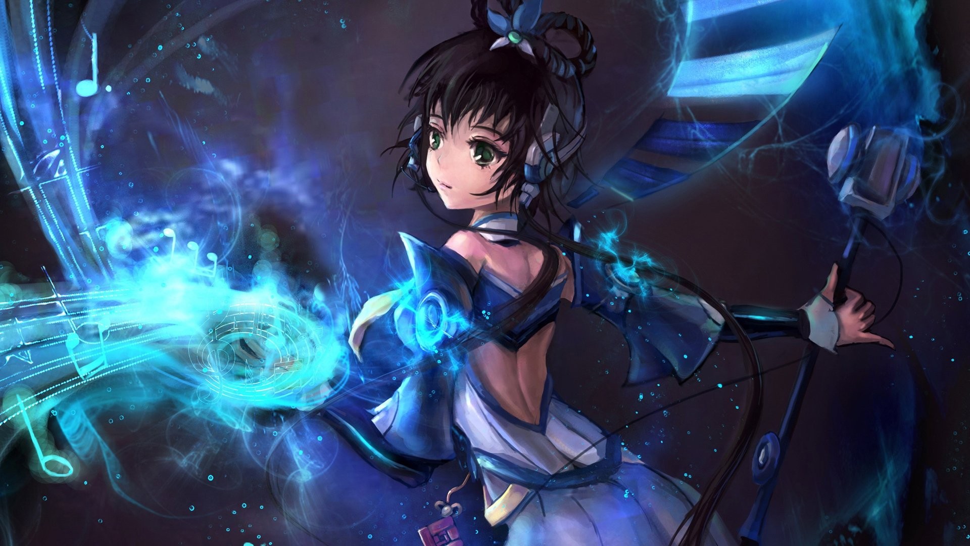Anime girl with headphones and musical notes HD Wallpaper