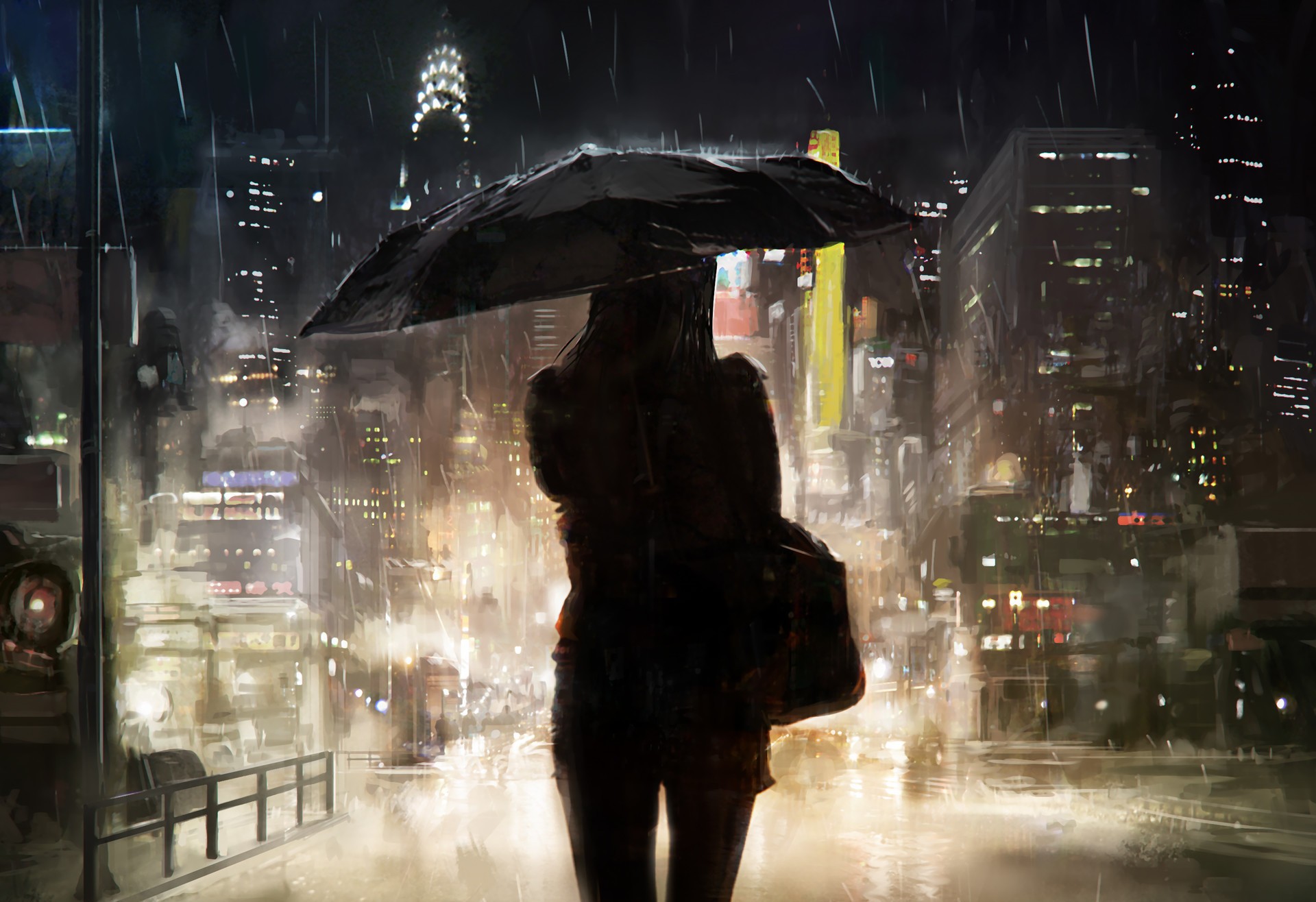 Woman with umbrella in rainy cityscape at night HD Wallpaper