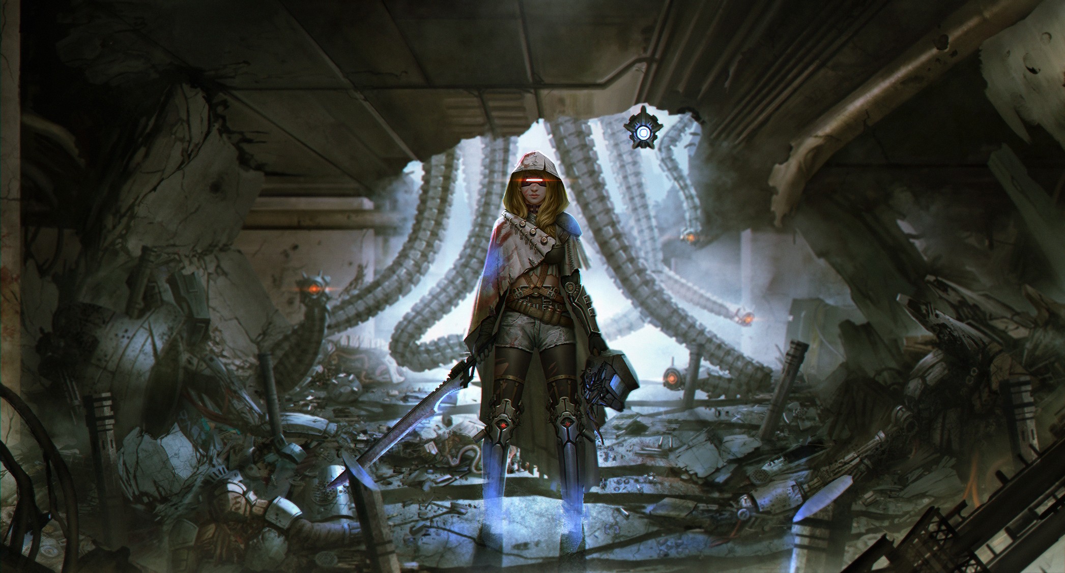 Woman with sword in destroyed sci-fi facility HD Wallpaper