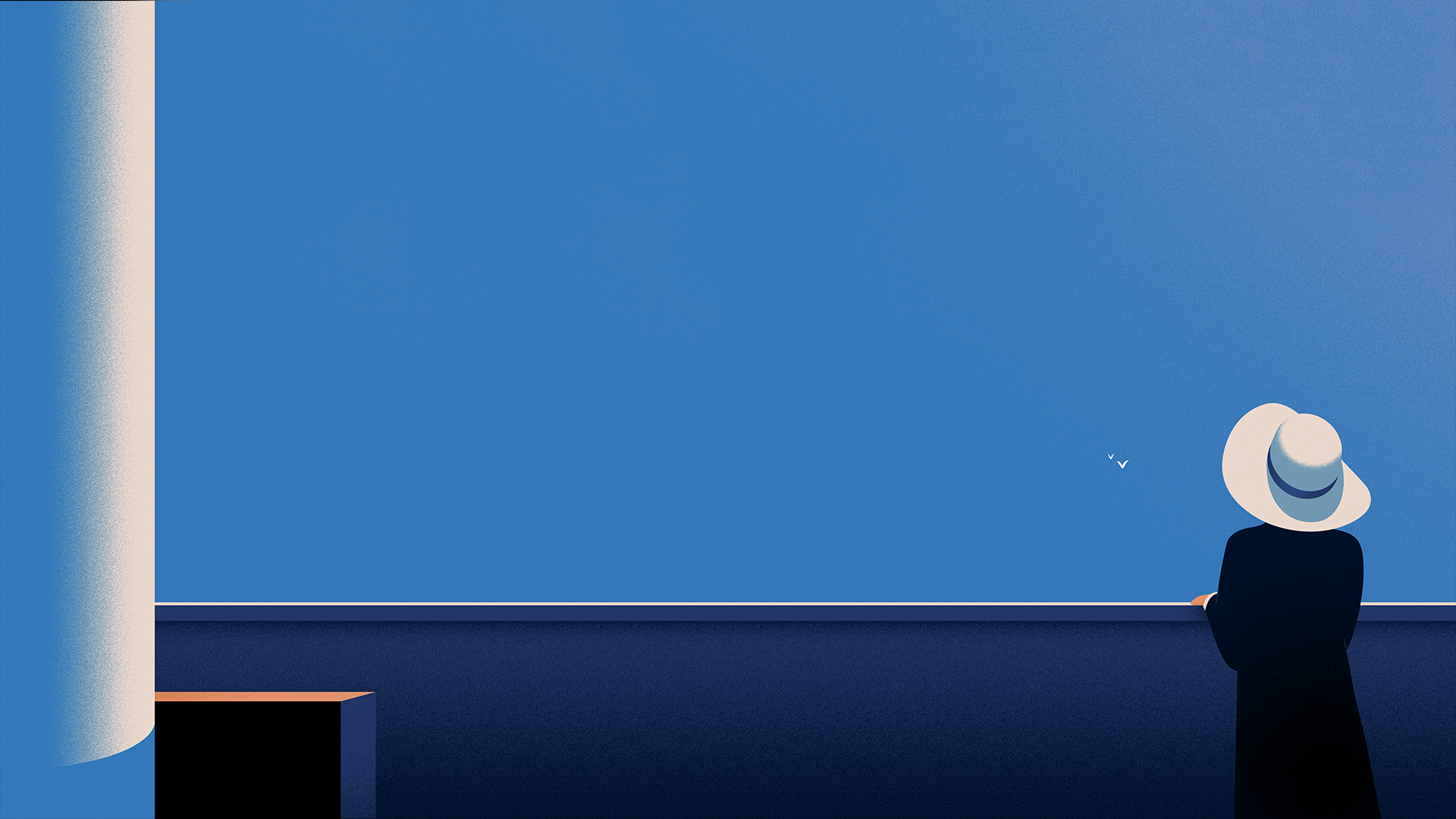 Woman in hat on balcony looking at birds HD Wallpaper