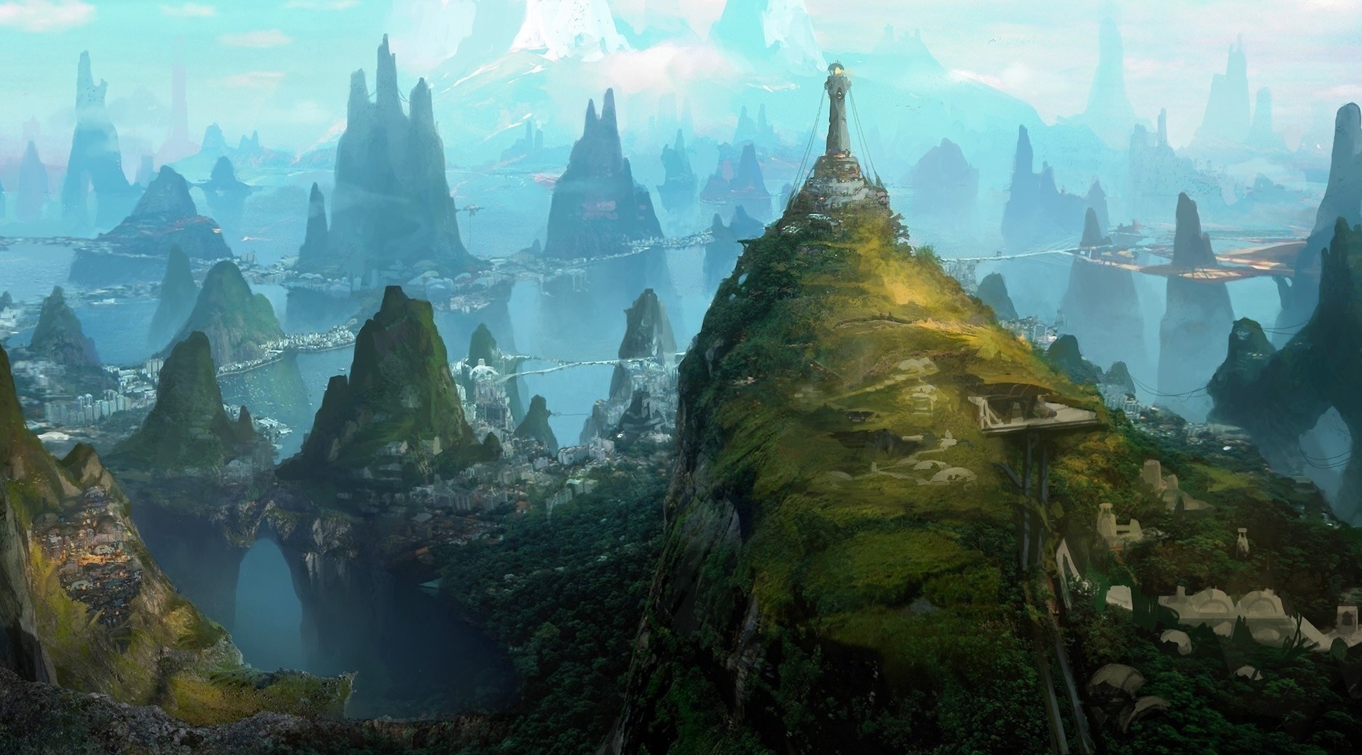 Fantasy city with lighthouse on a mountain HD Wallpaper
