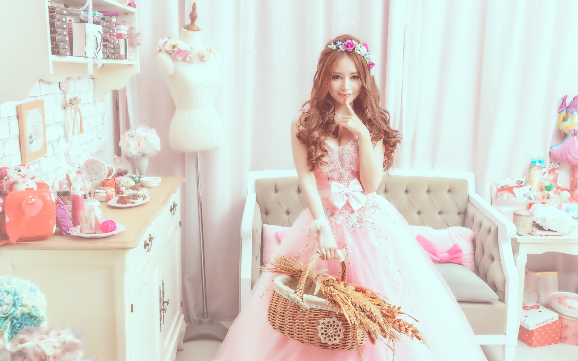 Asian woman in pink dress holding a basket HD Wallpaper