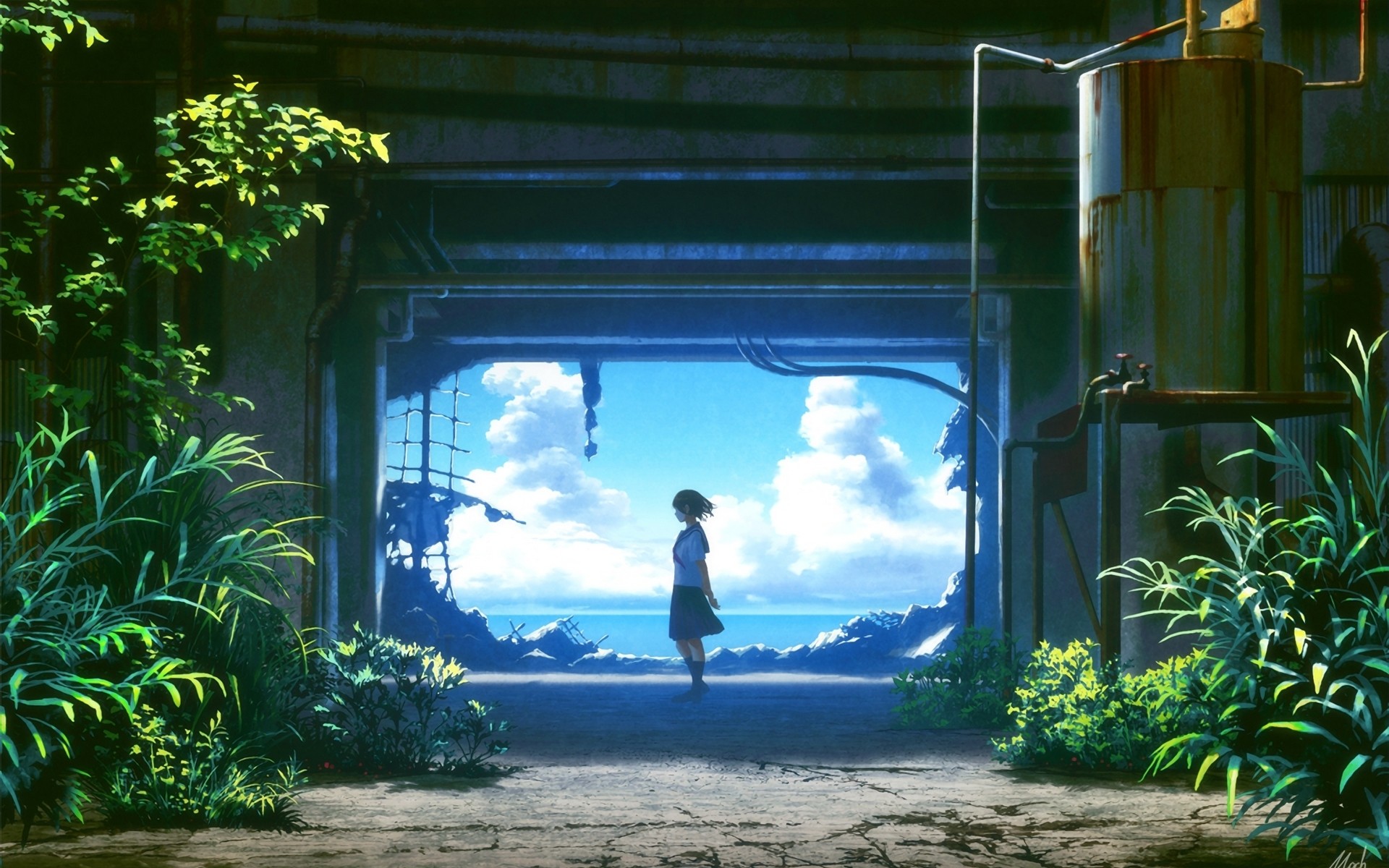 Girl in school uniform stands in ruins overlooking the sea HD Wallpaper