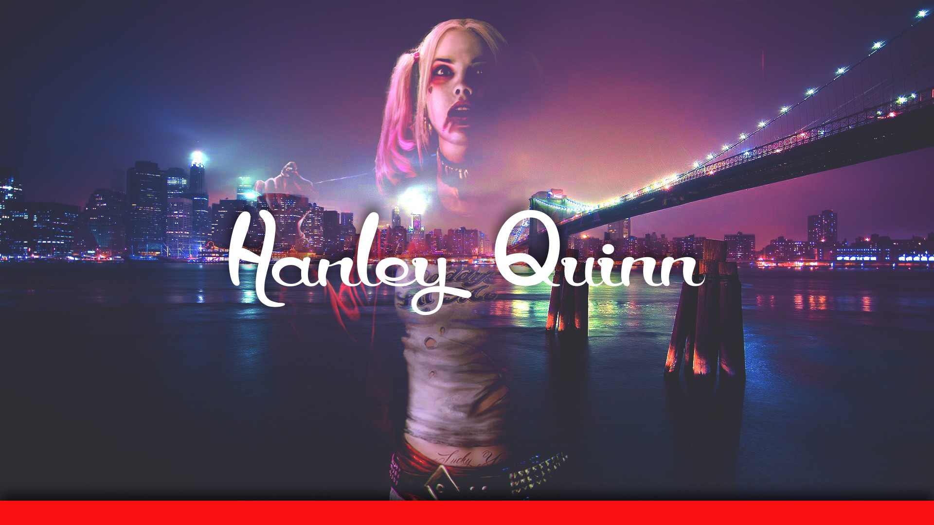 Harley Quinn in front of a city skyline and bridge HD Wallpaper
