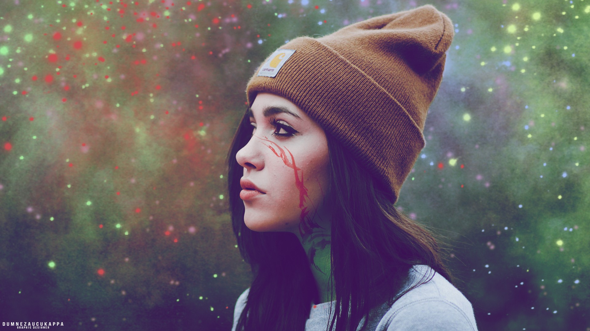 Woman wearing a Carhartt beanie with abstract background HD Wallpaper
