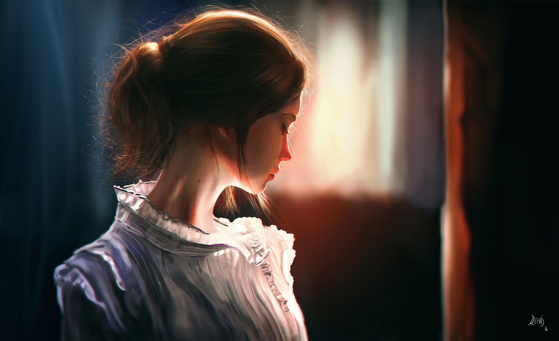 Artwork of a woman in a white ruffled shirt HD Wallpaper