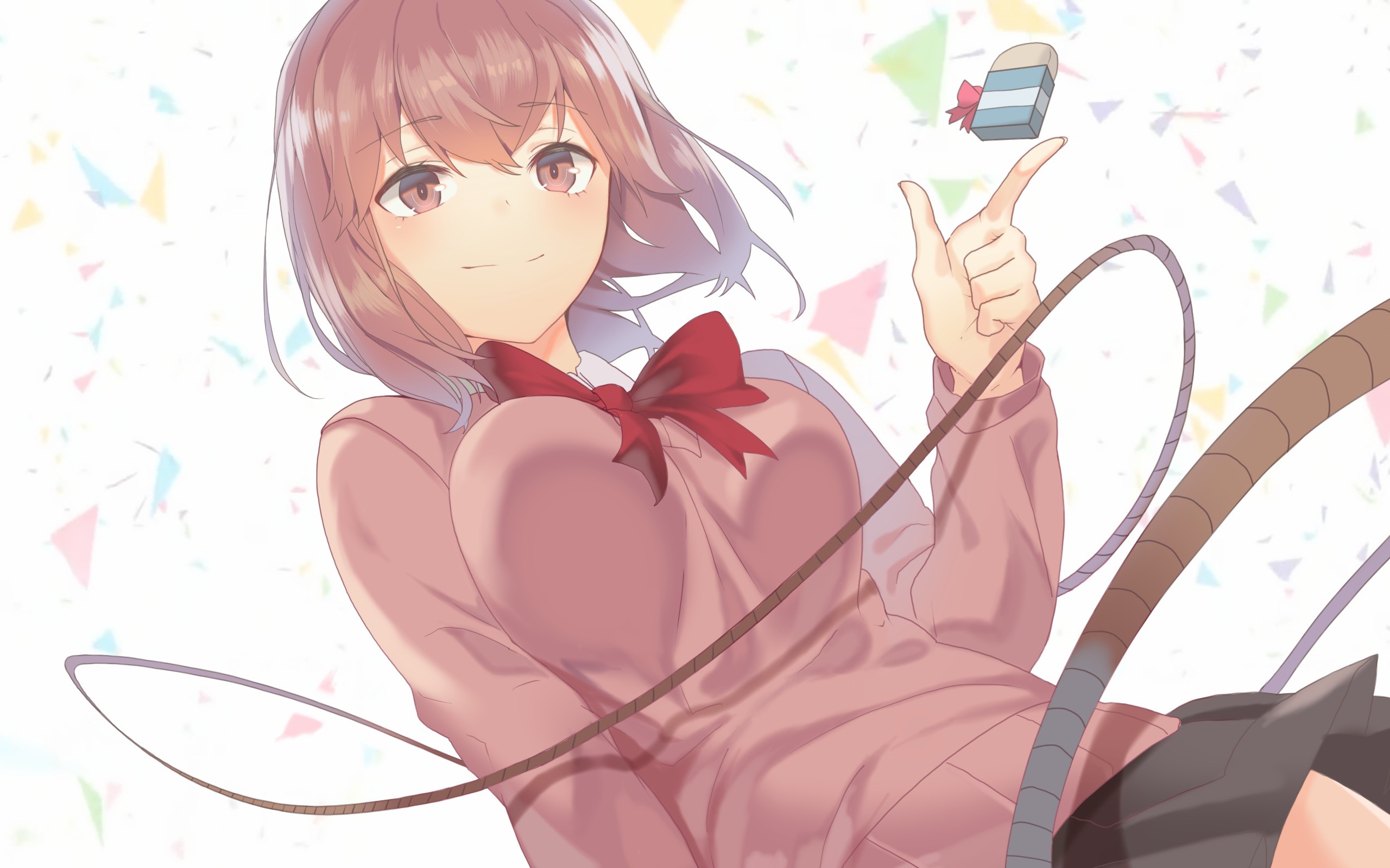Anime girl with short brown hair and red bow HD Wallpaper