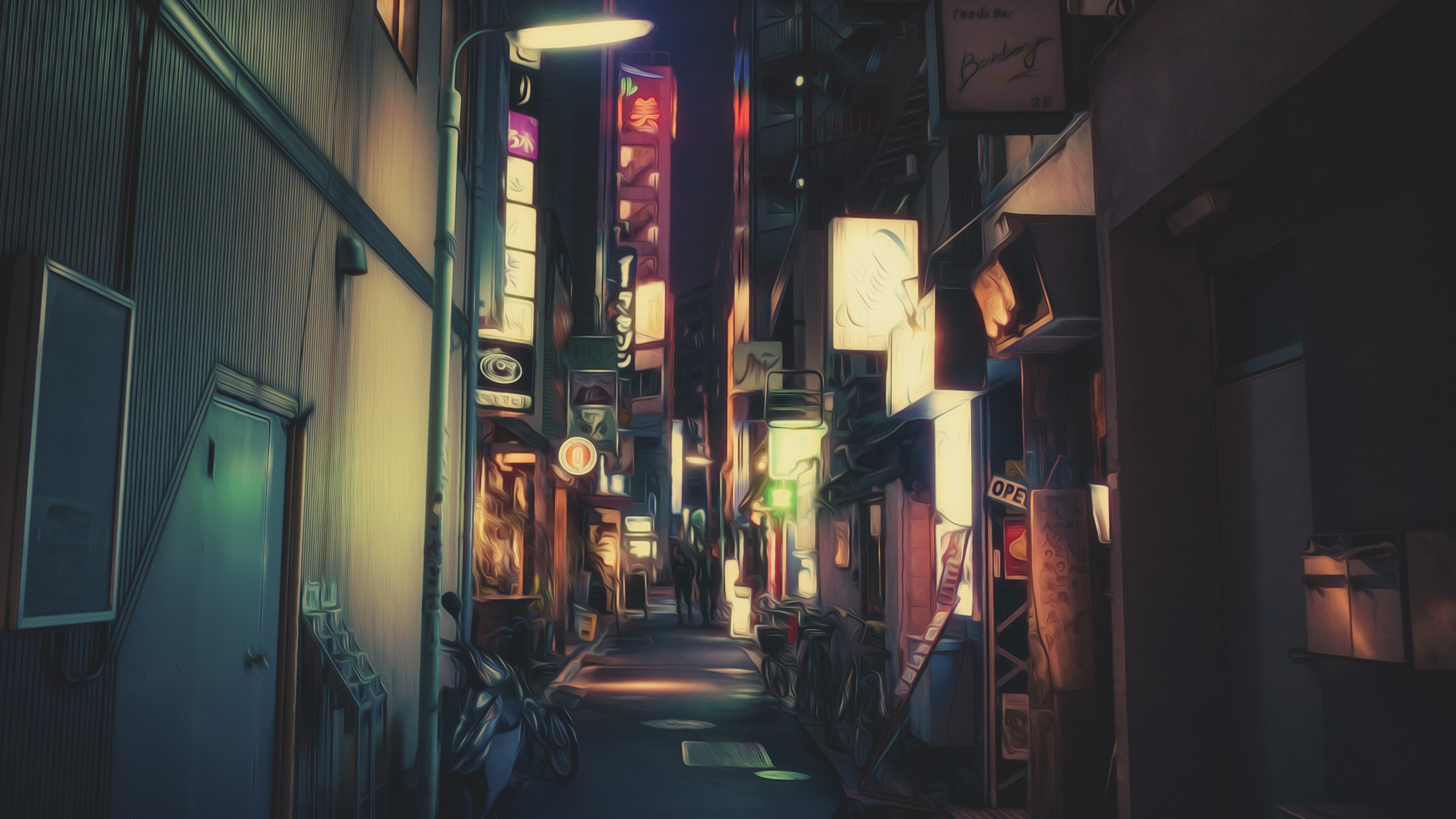 Night Alley with Neon Signs HD Wallpaper