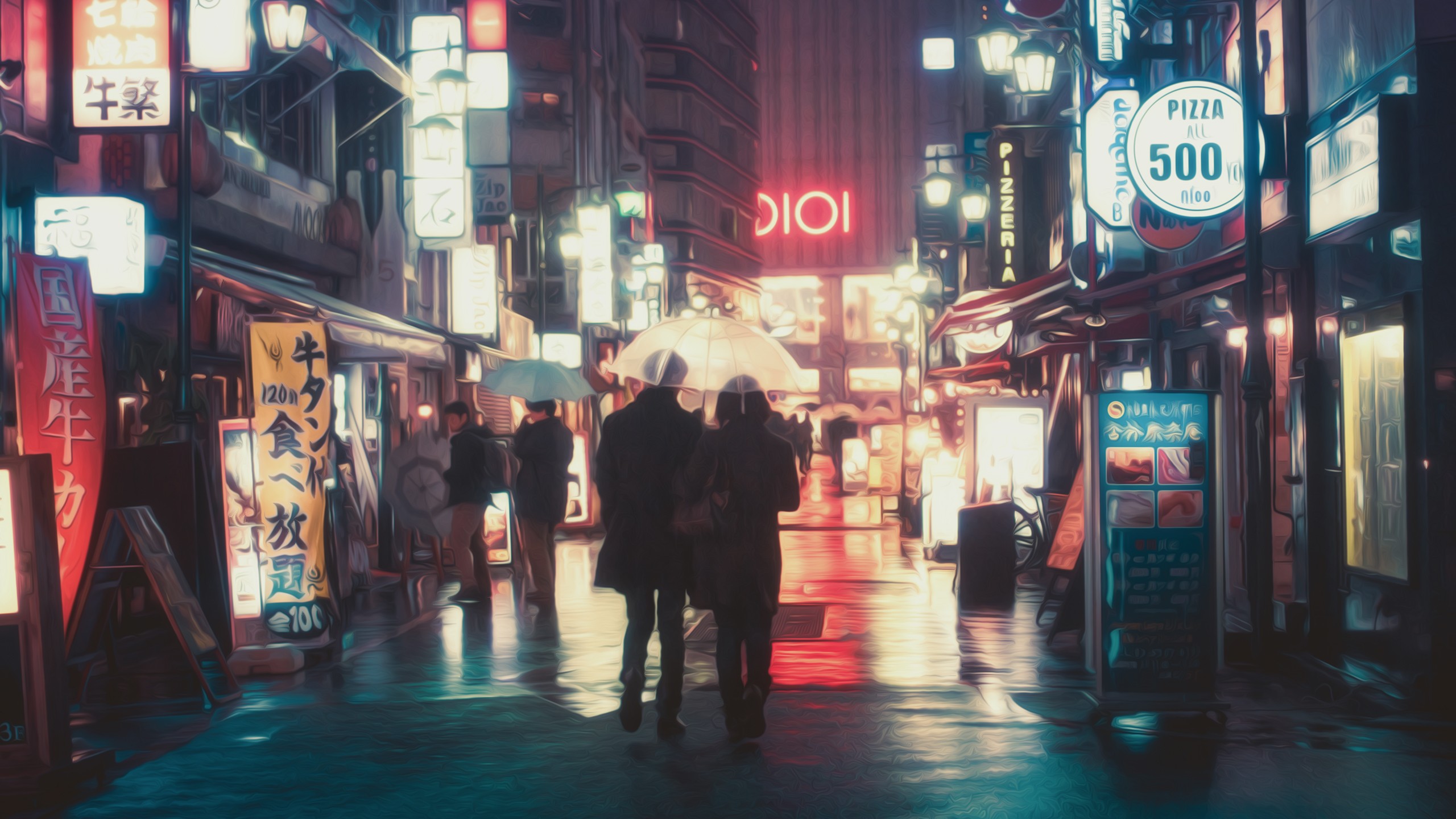Couple with umbrella in neon-lit Tokyo street HD Wallpaper