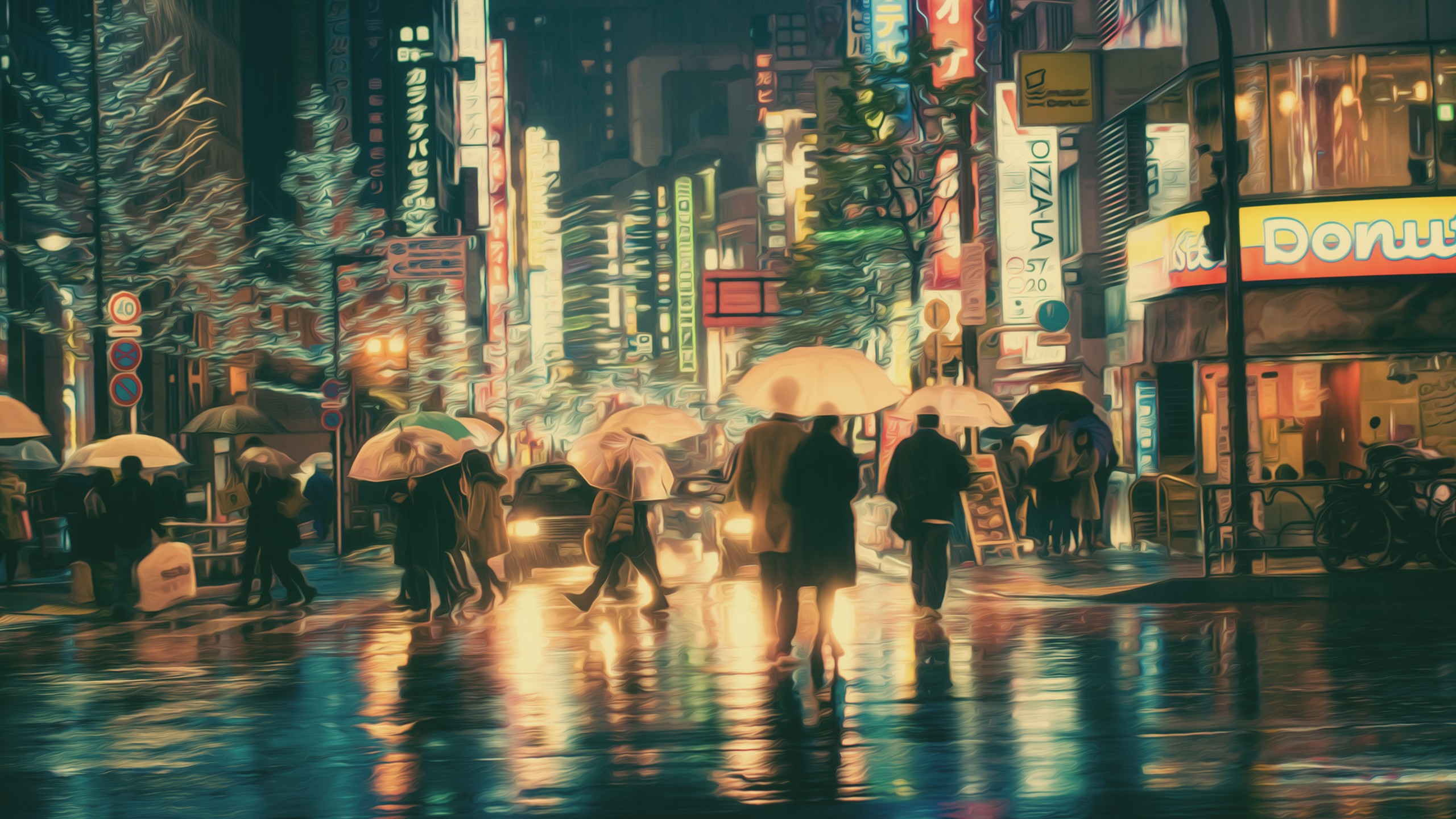 People with umbrellas crossing a street at night with neon lights HD Wallpaper