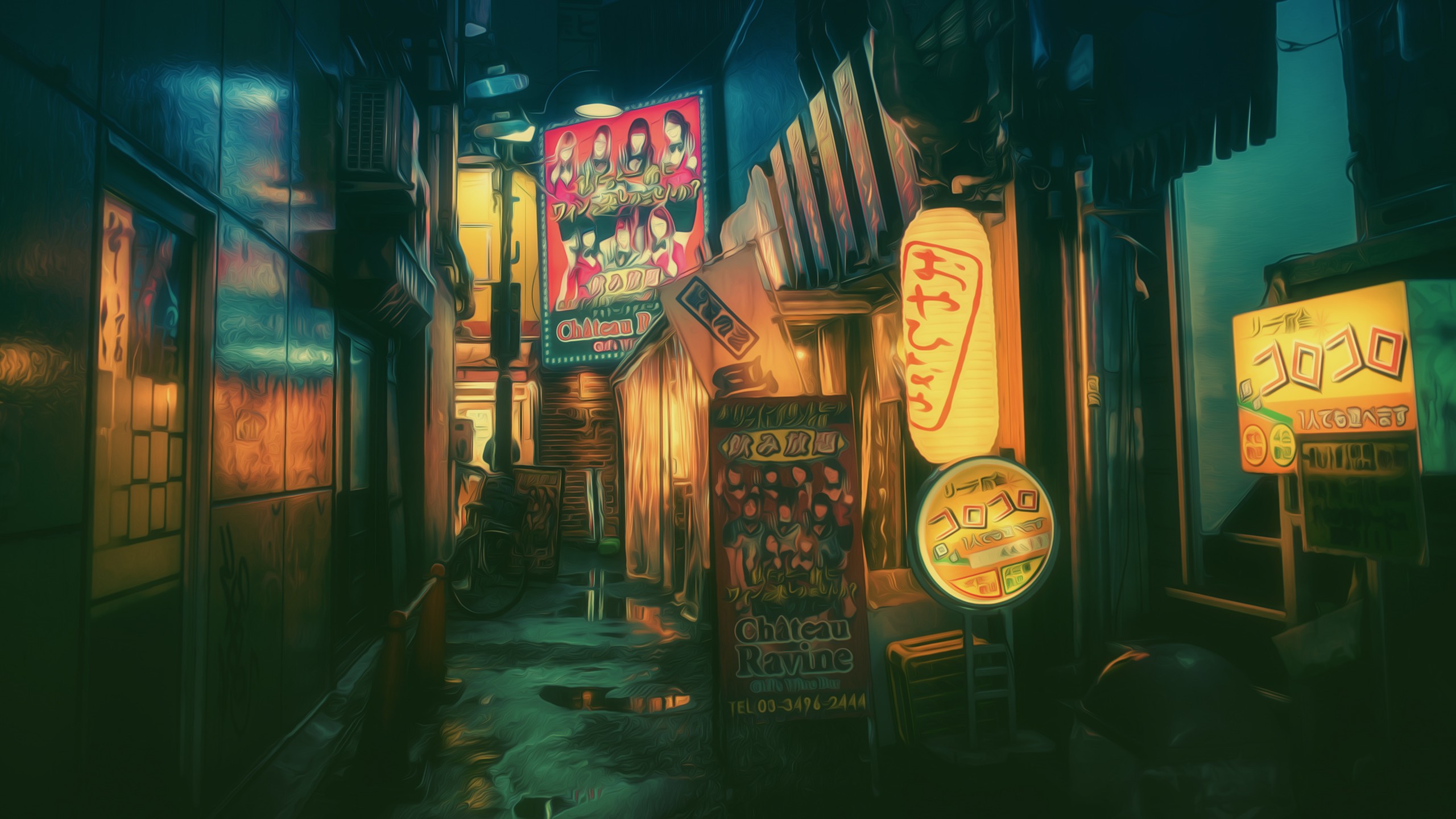 Night alley with Japanese signs and neon lights HD Wallpaper
