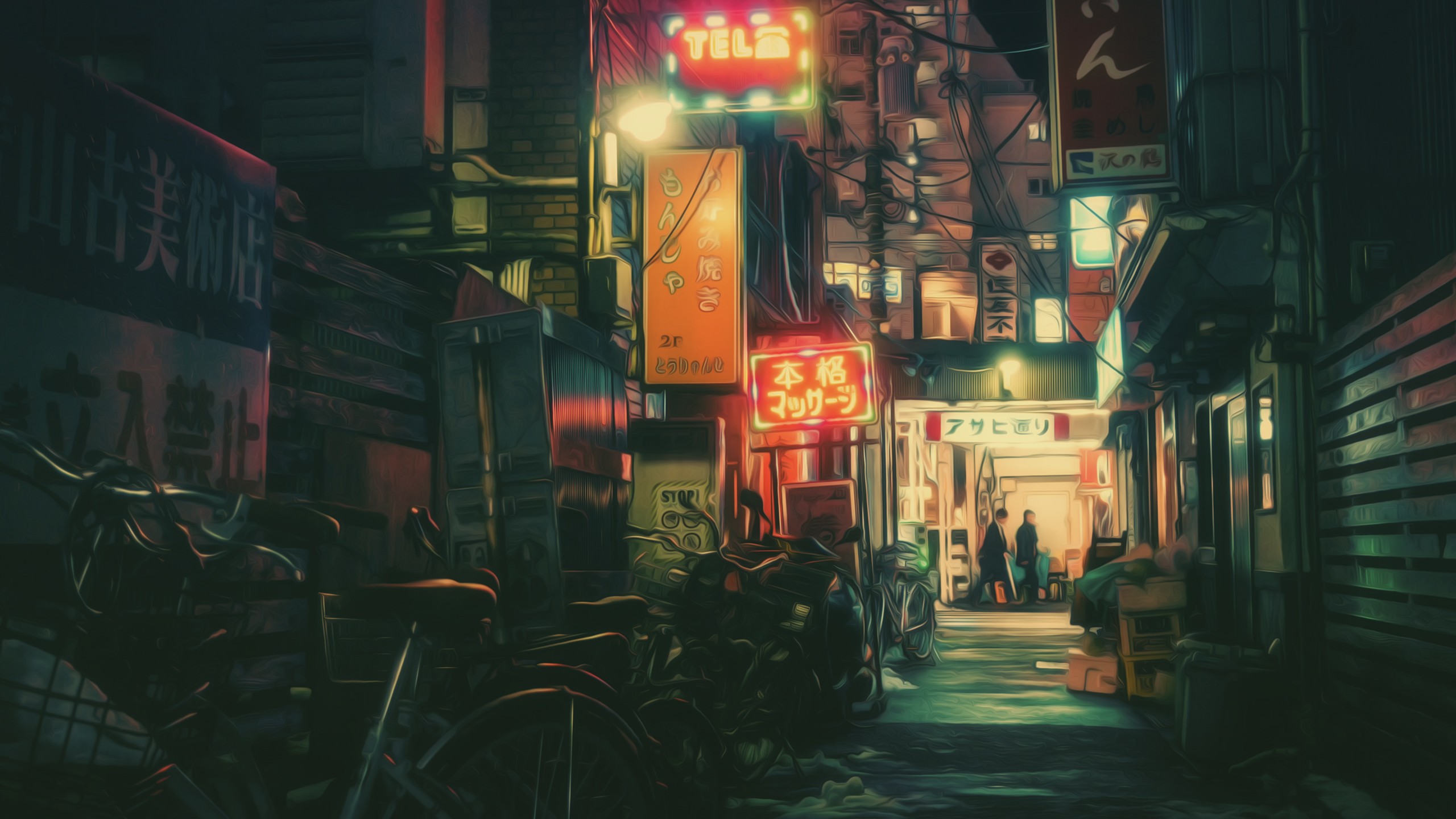 Neon-lit alleyway in Japan with Japanese signs HD Wallpaper