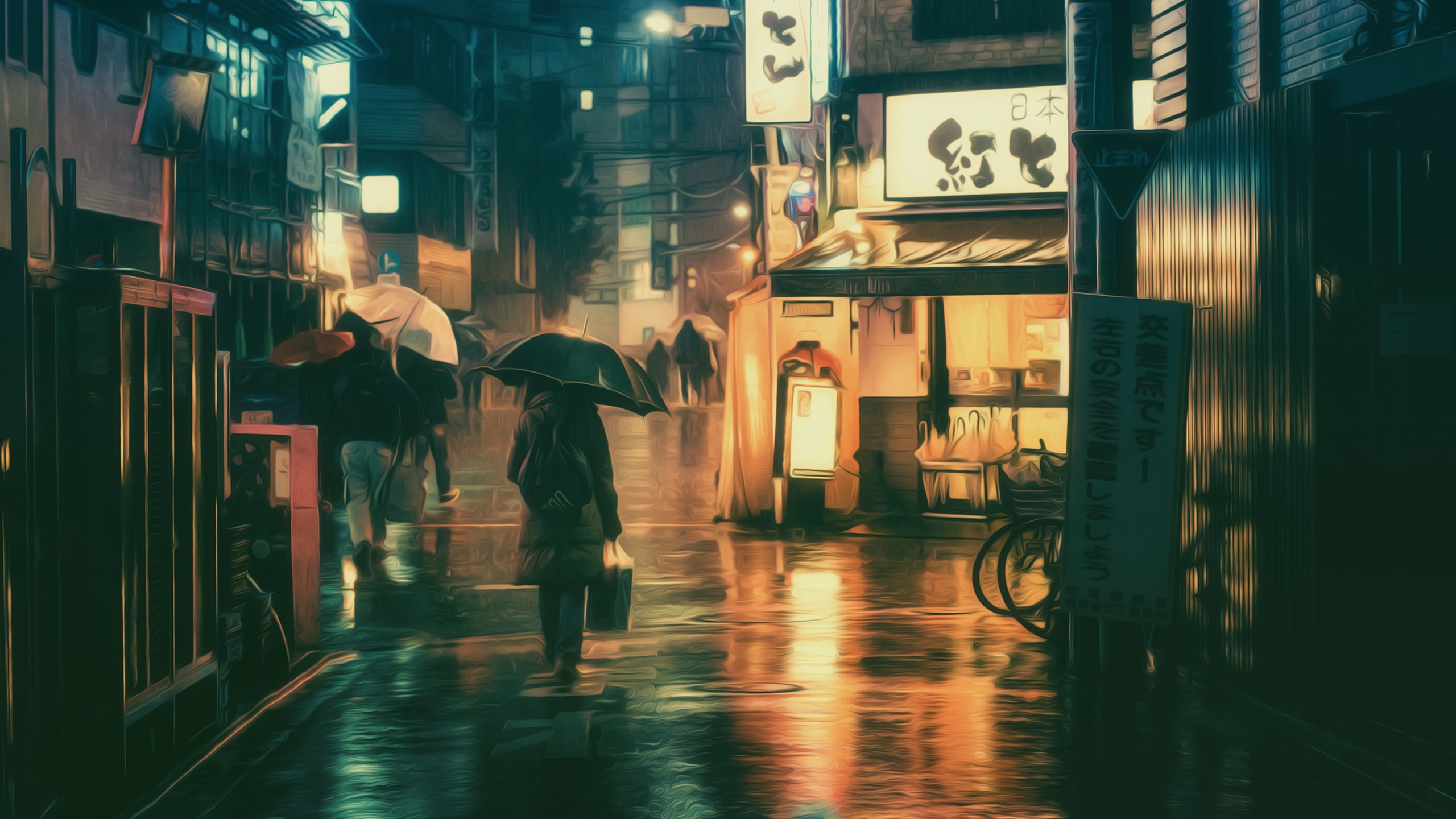 People with umbrellas walking on a rainy street at night HD Wallpaper