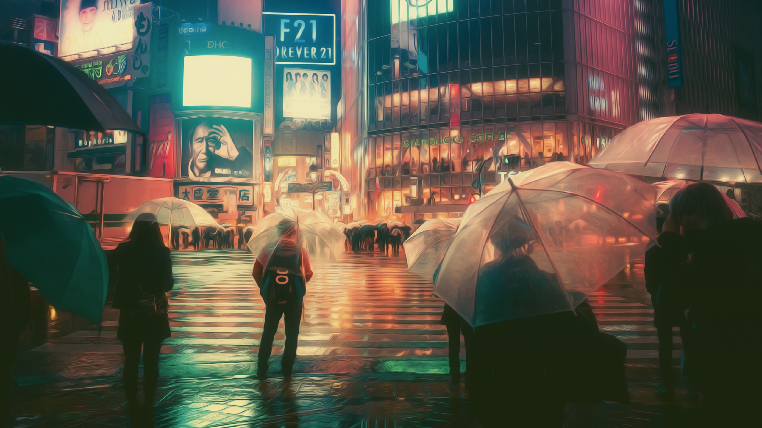 People with umbrellas in a neon-lit city at night HD Wallpaper