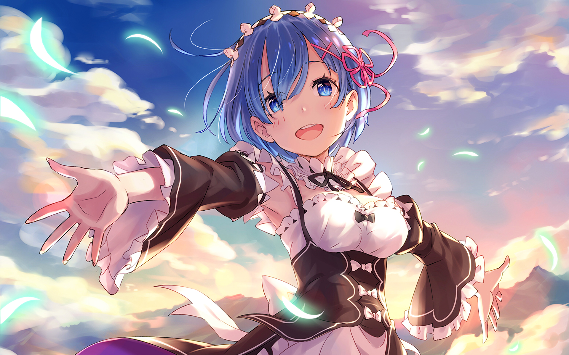 Rem from Re:Zero in a maid outfit against a sky background HD Wallpaper