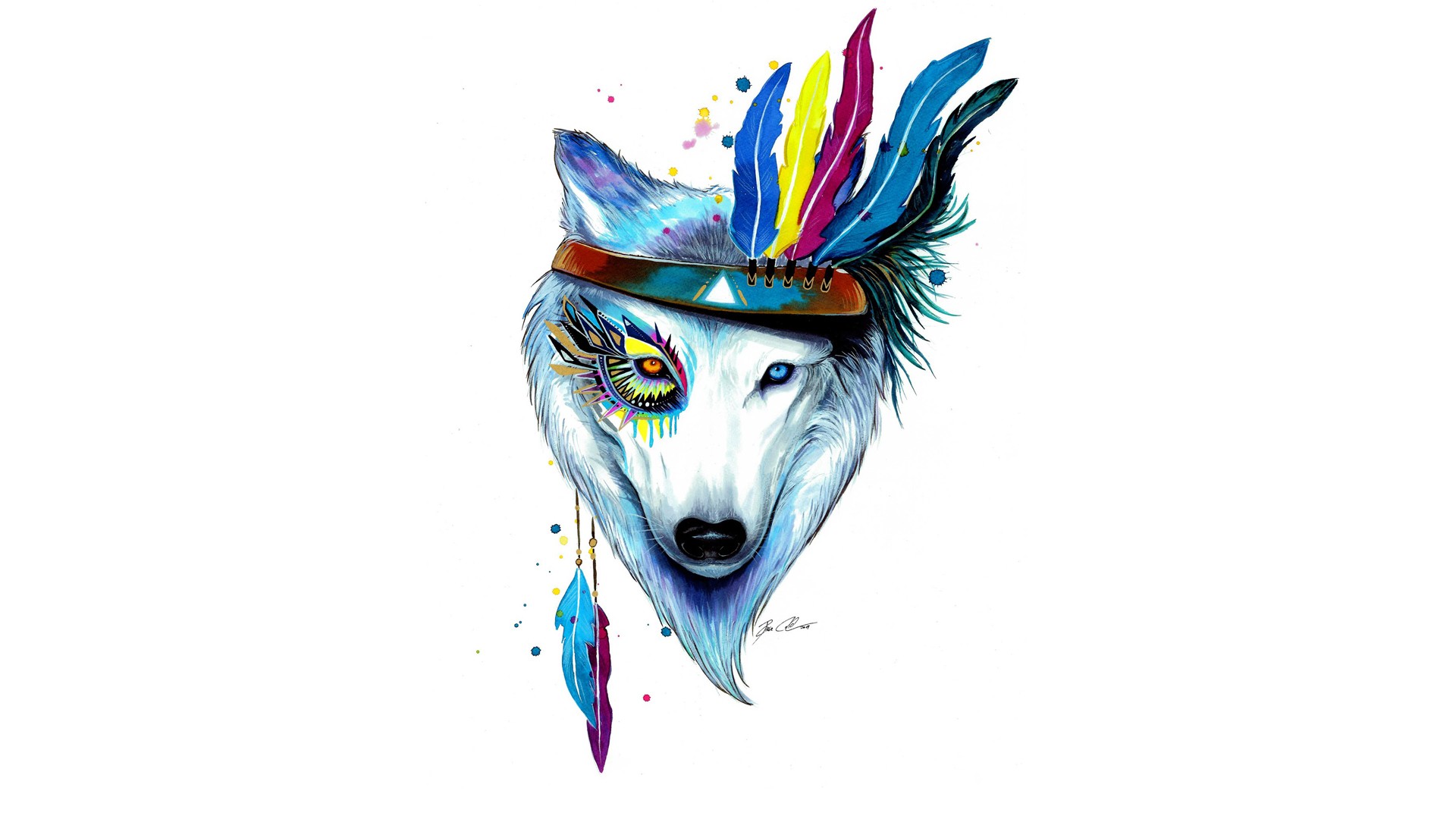 Artwork of a wolf with colorful feathers and face paint HD Wallpaper
