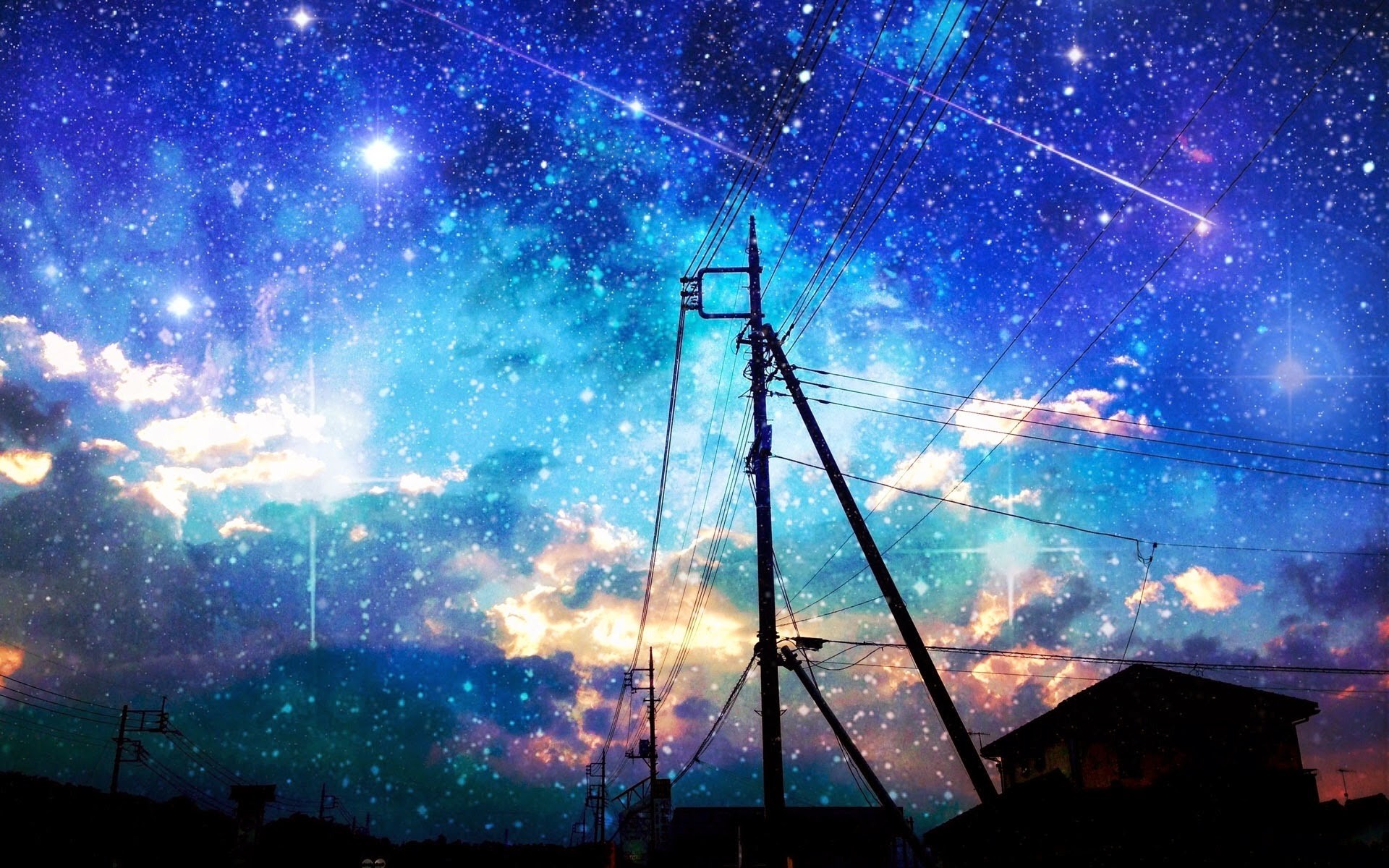 Starry Night Sky Over Silhouetted Town HD Wallpaper