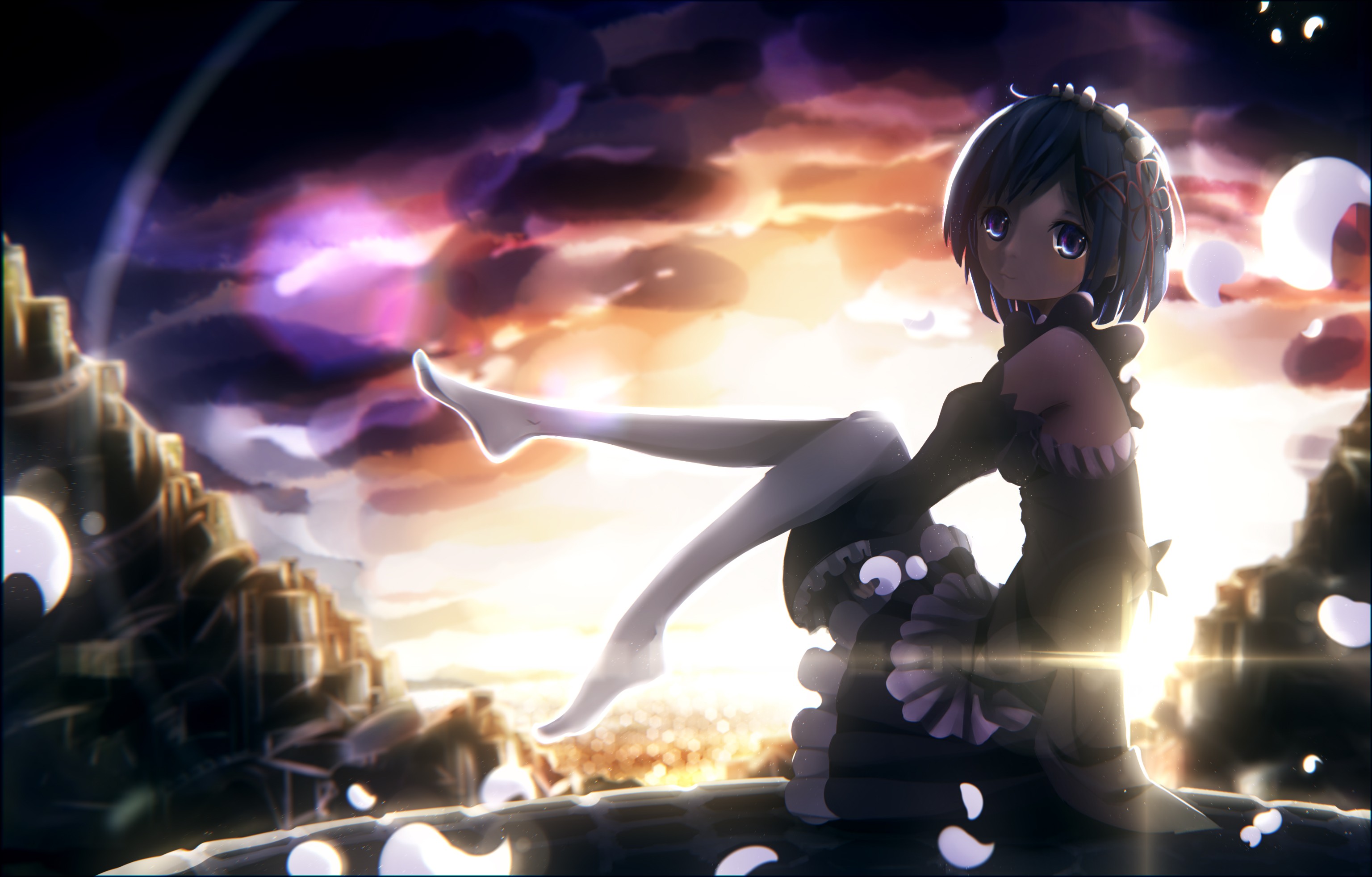 Rem from Re:Zero sitting on a ledge at sunset HD Wallpaper