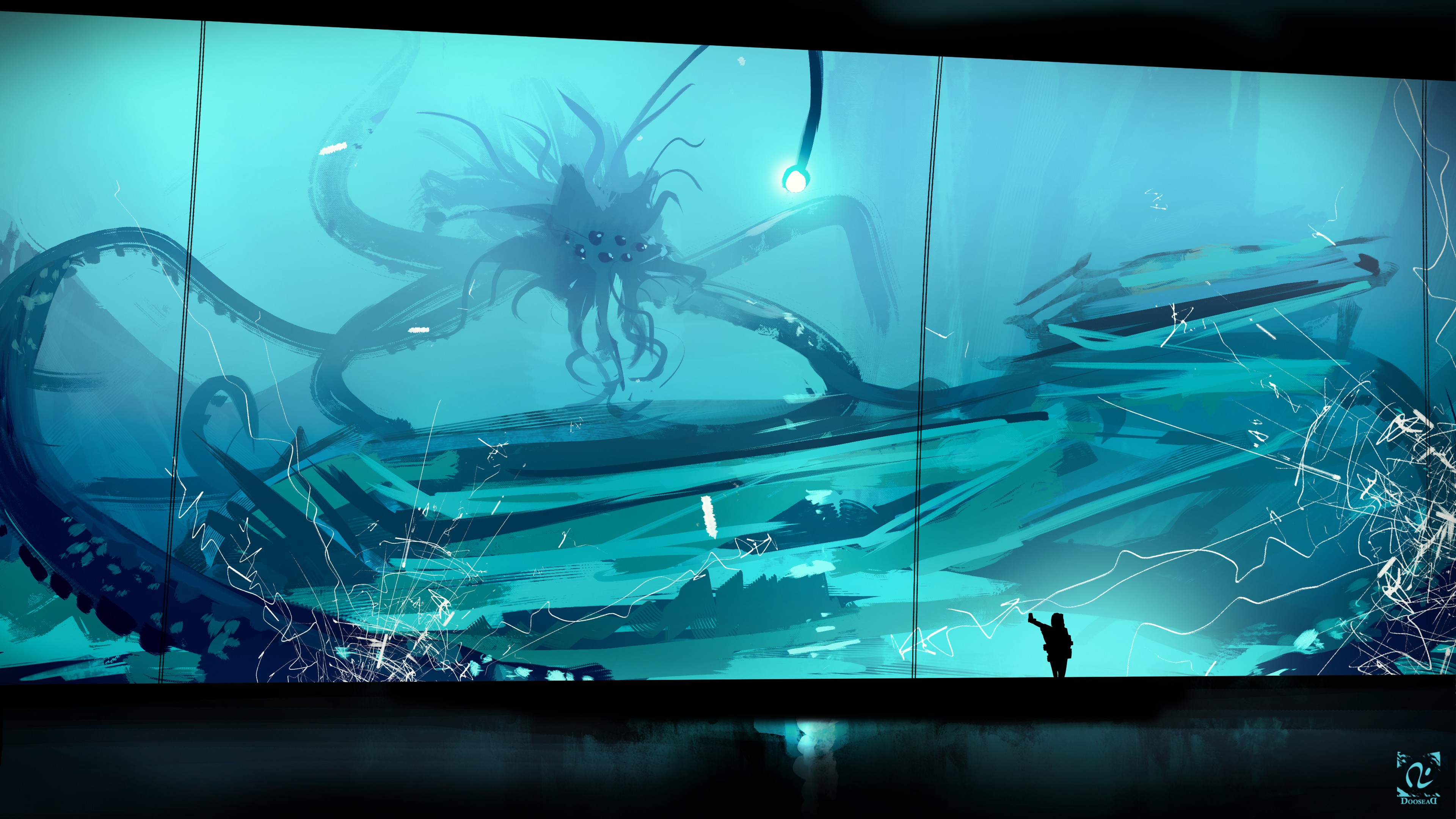 Giant sea creature in a futuristic aquarium HD Wallpaper