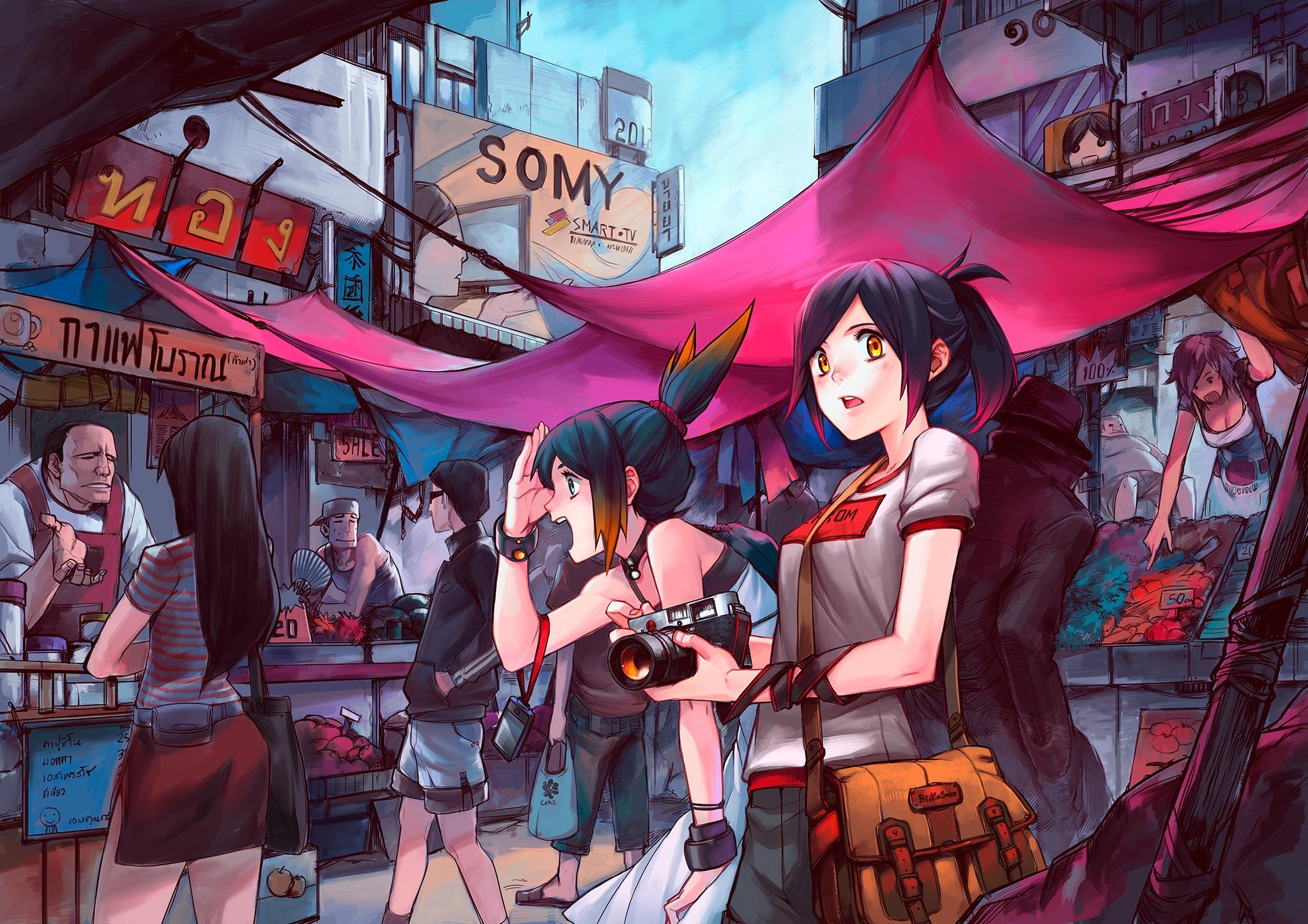 Anime girls with cameras in a market HD Wallpaper
