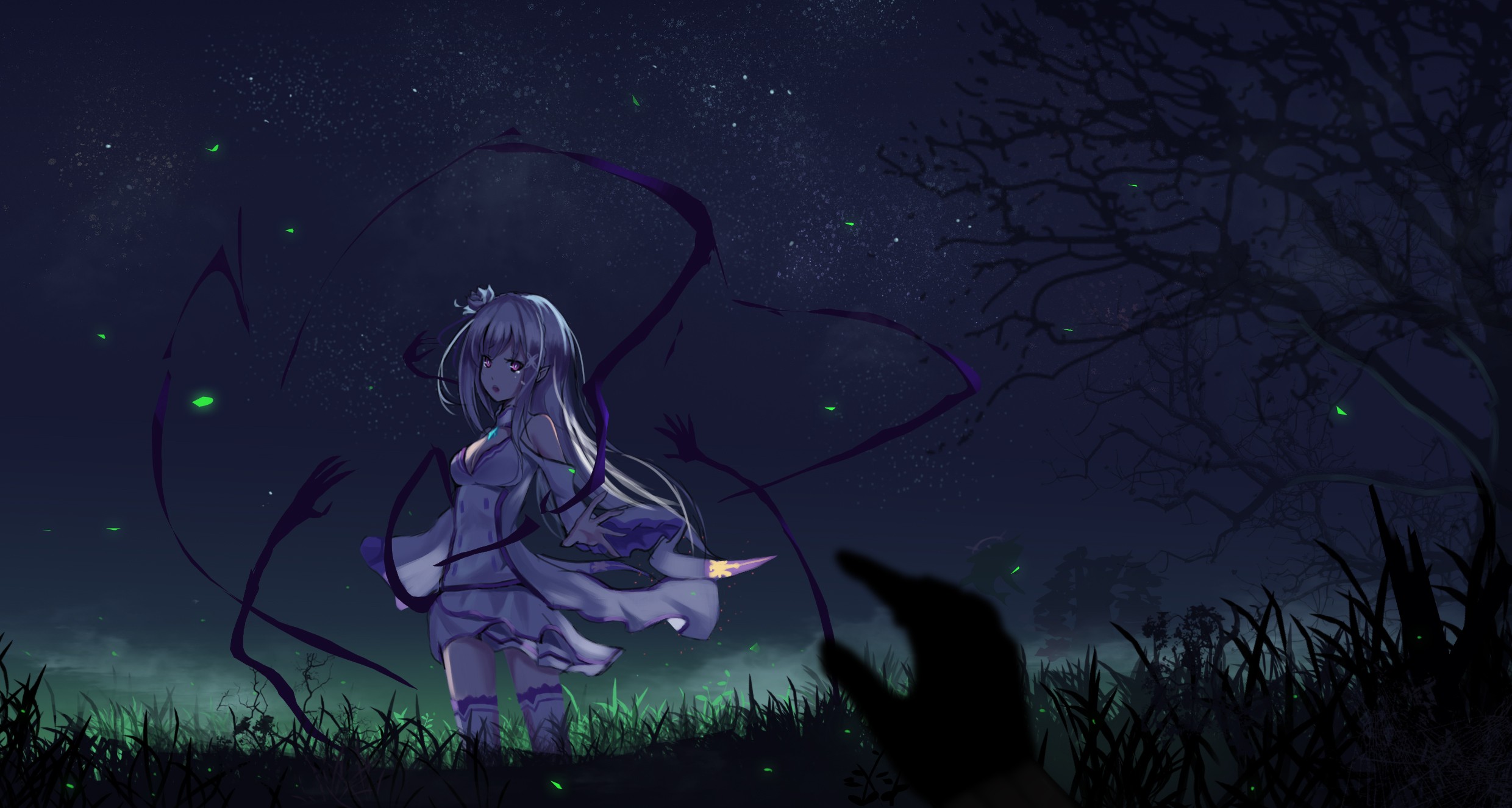 Emilia surrounded by dark tendrils at night HD Wallpaper