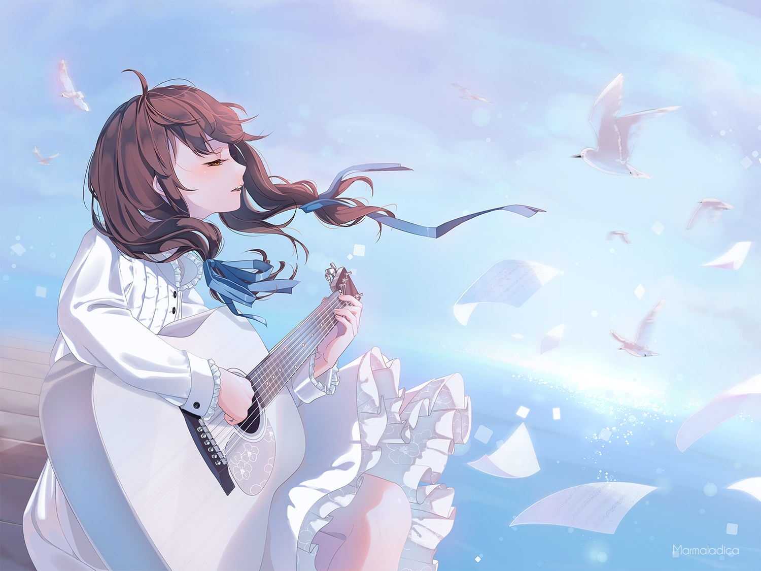 Girl playing guitar with birds and papers flying HD Wallpaper