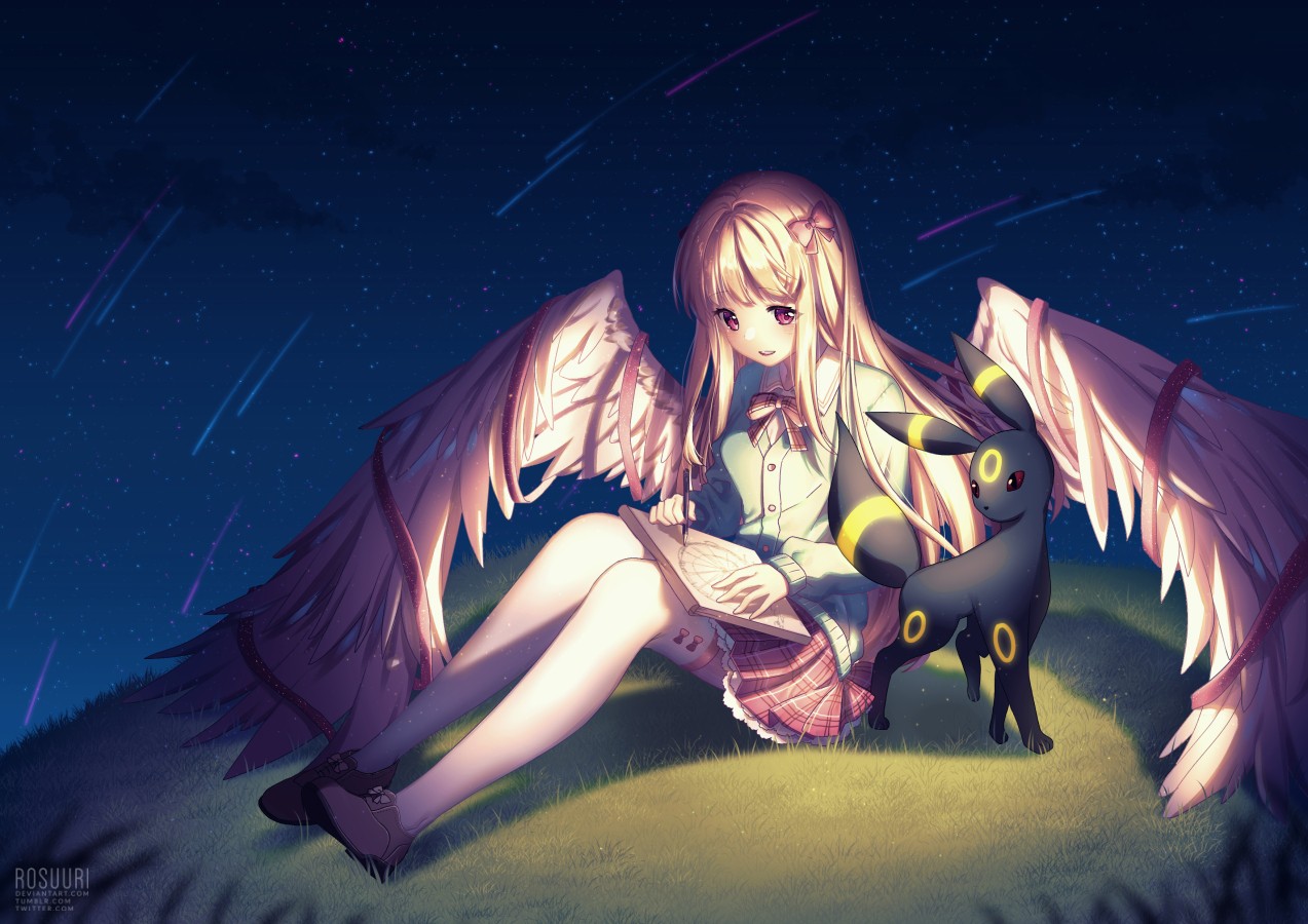 Girl with wings and Umbreon under the stars HD Wallpaper